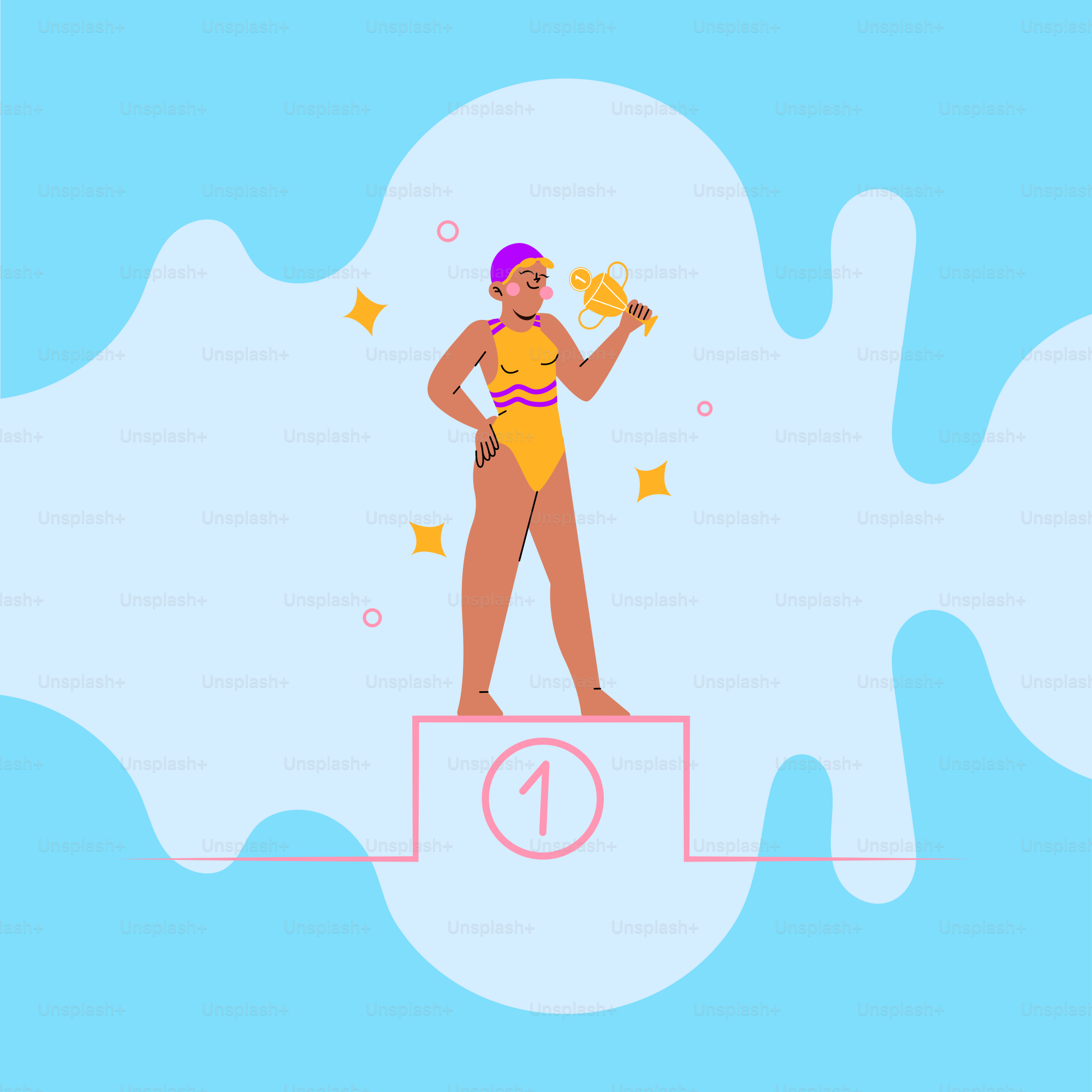 A woman in a bathing suit standing on a podium