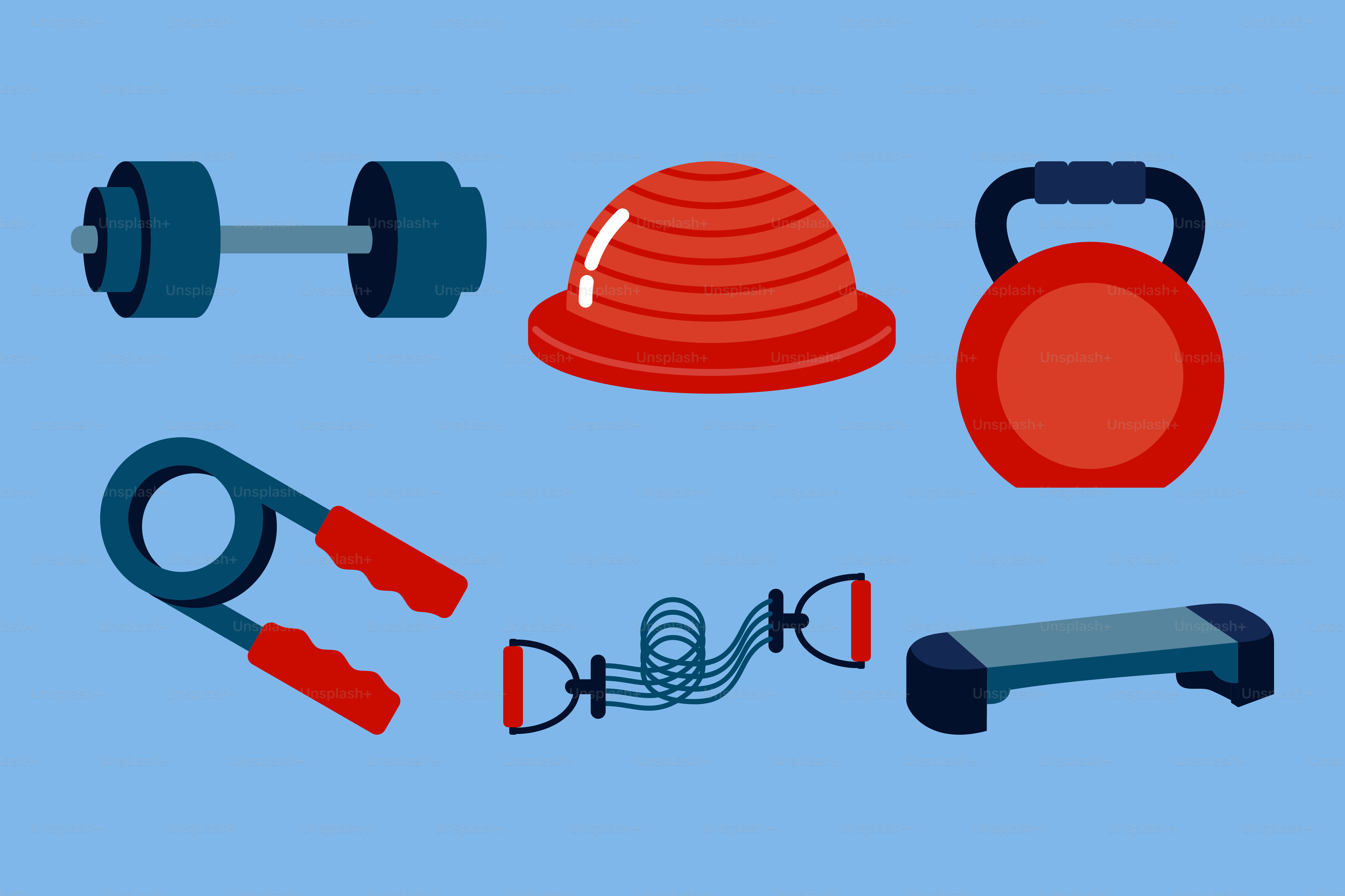A blue background with a variety of gym equipment