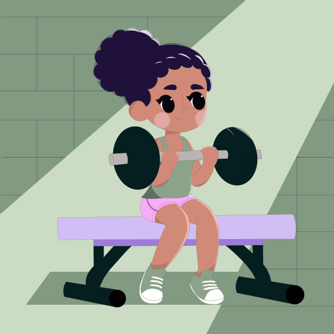 A girl is sitting on a bench with a barbell
