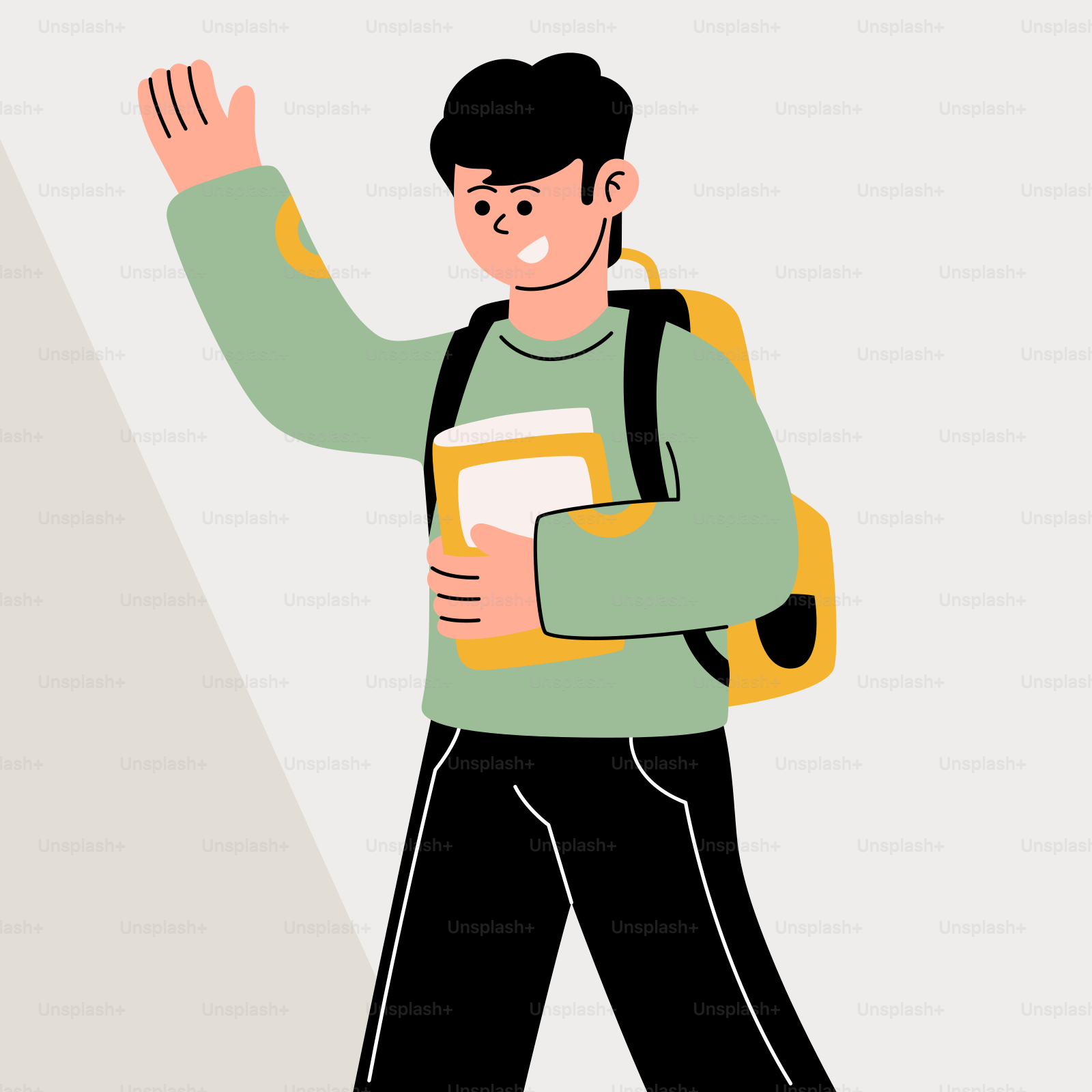 A man with a backpack waving at someone