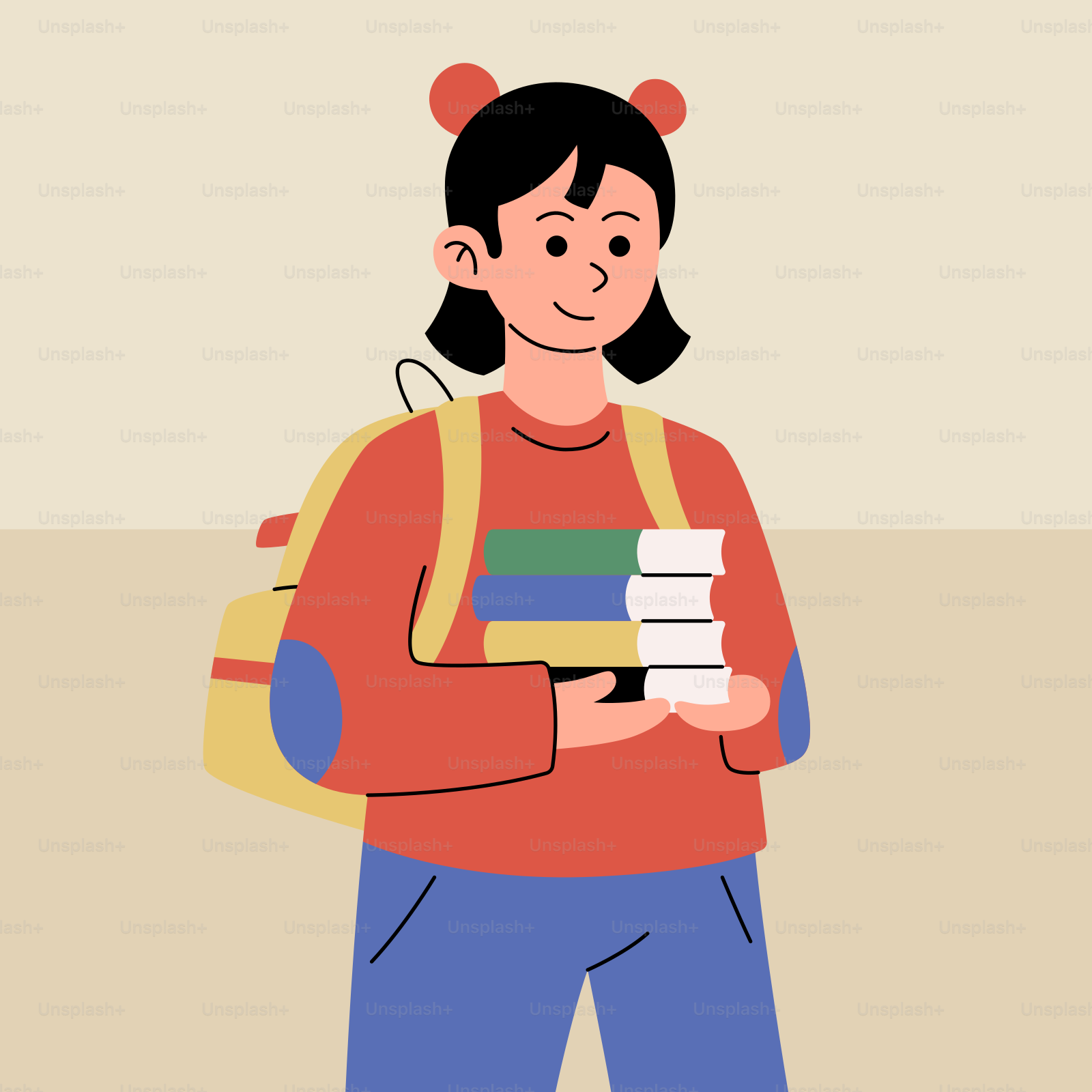 um, mulher, segurando, um, pilha, de, livros, e, um, mochila