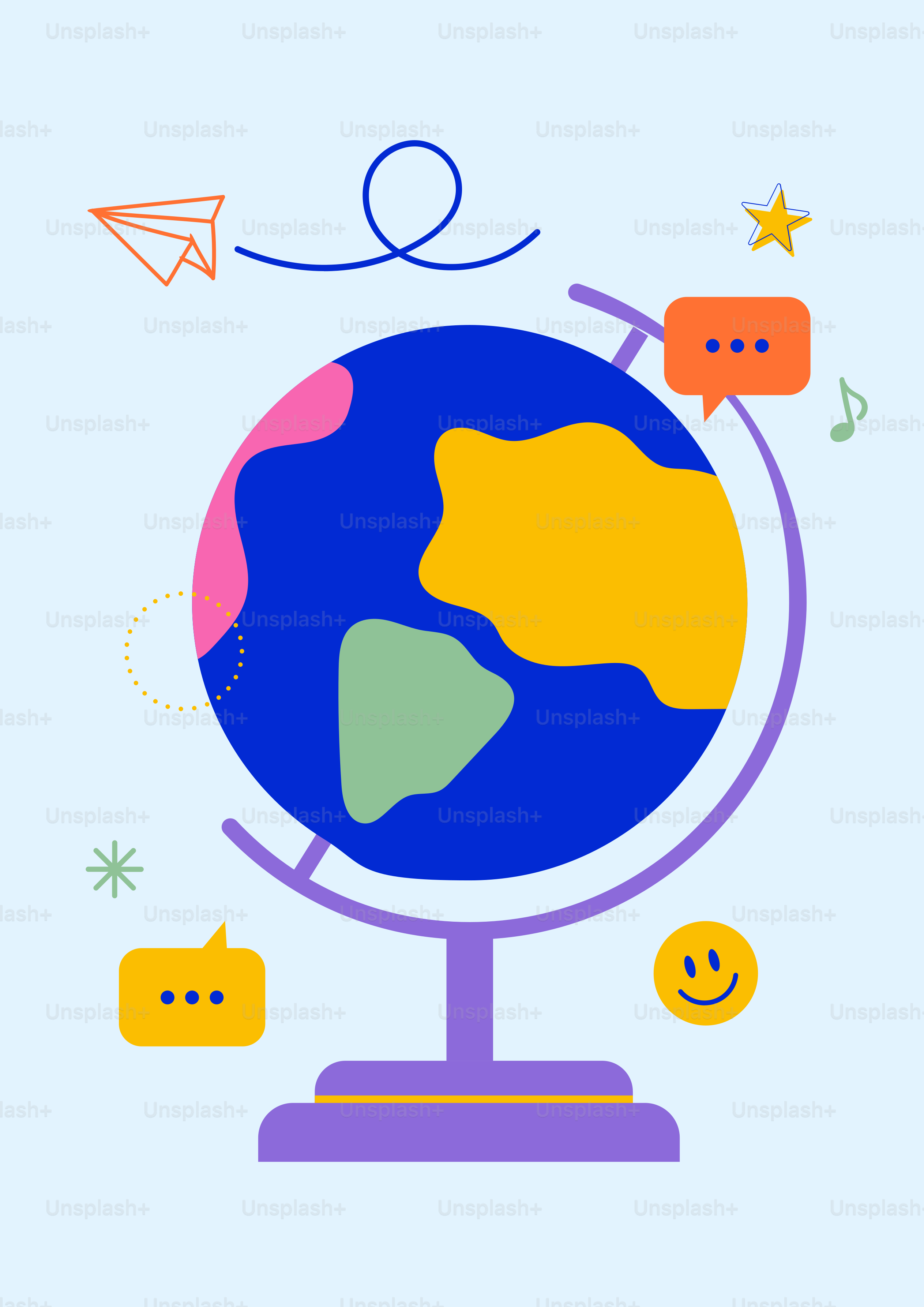 Um fundo azul com um globo e alguns balões de fala