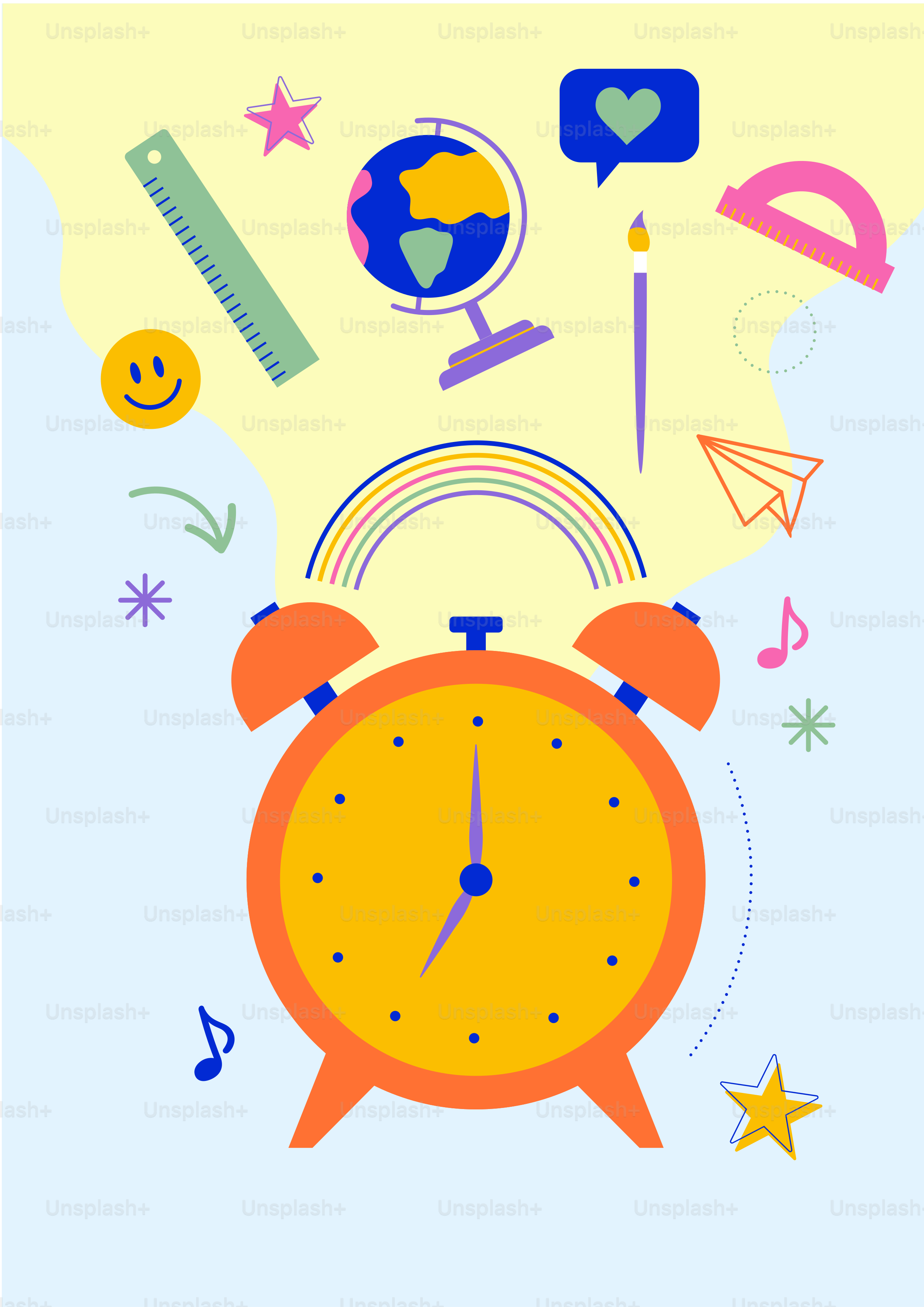 Ein Wecker, umgeben von Ikonen und Symbolen