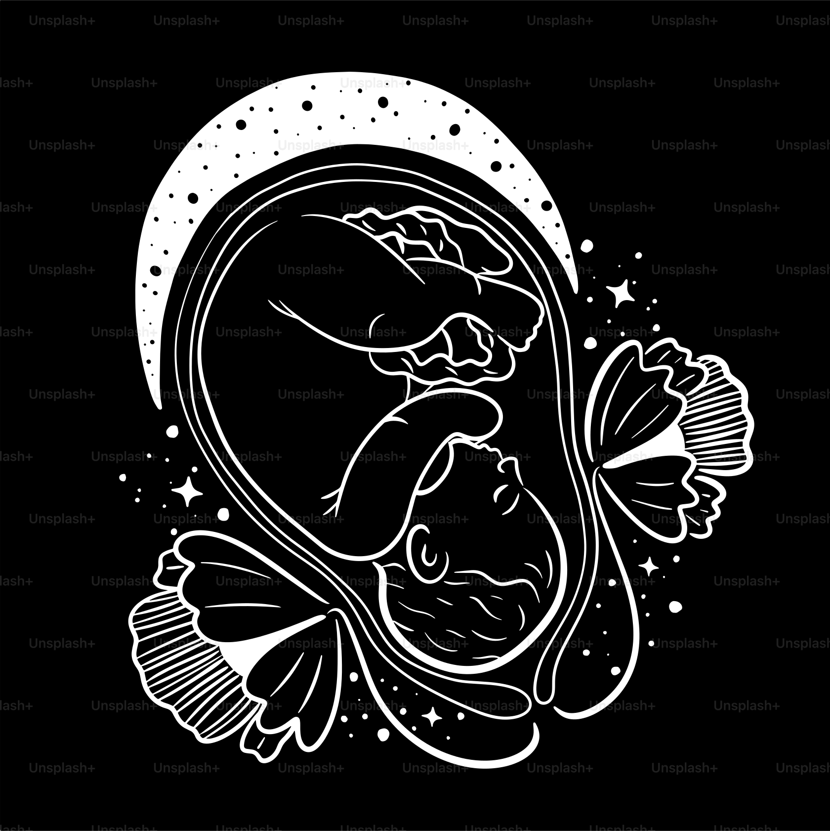 A black and white drawing of a sleeping baby
