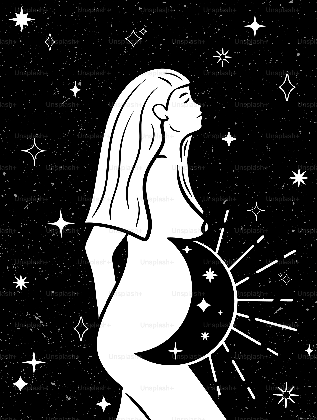 A black and white drawing of a pregnant woman
