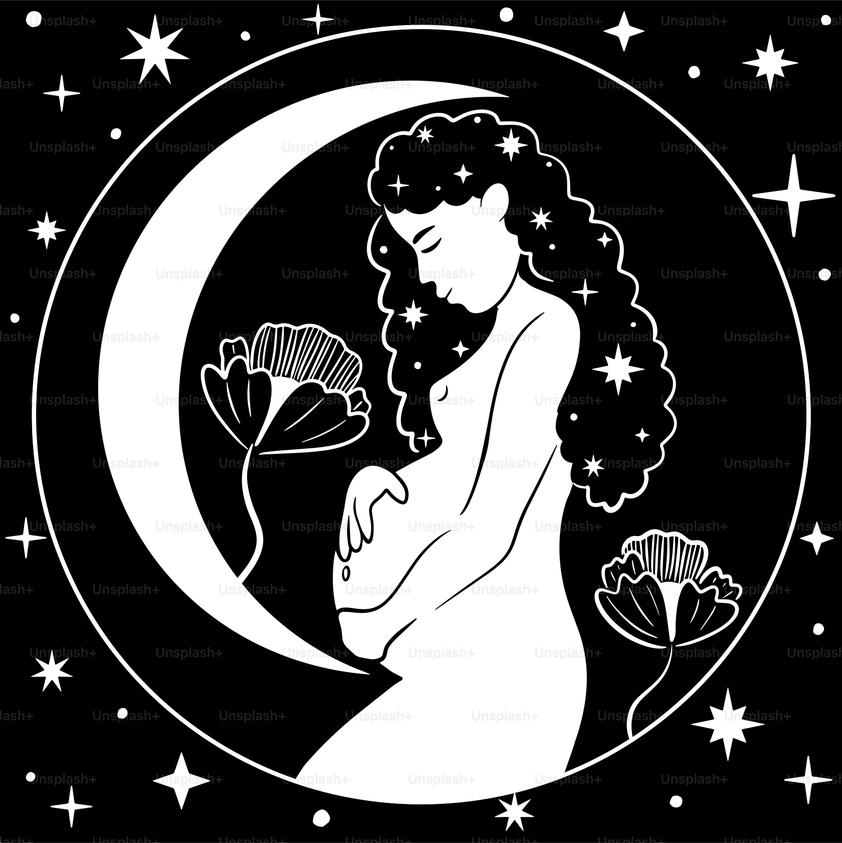 Eine schwarz-weiße Zeichnung einer Frau, die eine Blume hält