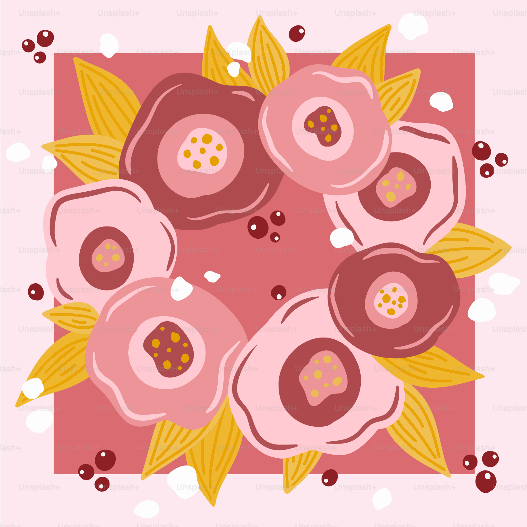 Un carré rose avec un bouquet de fleurs dessus