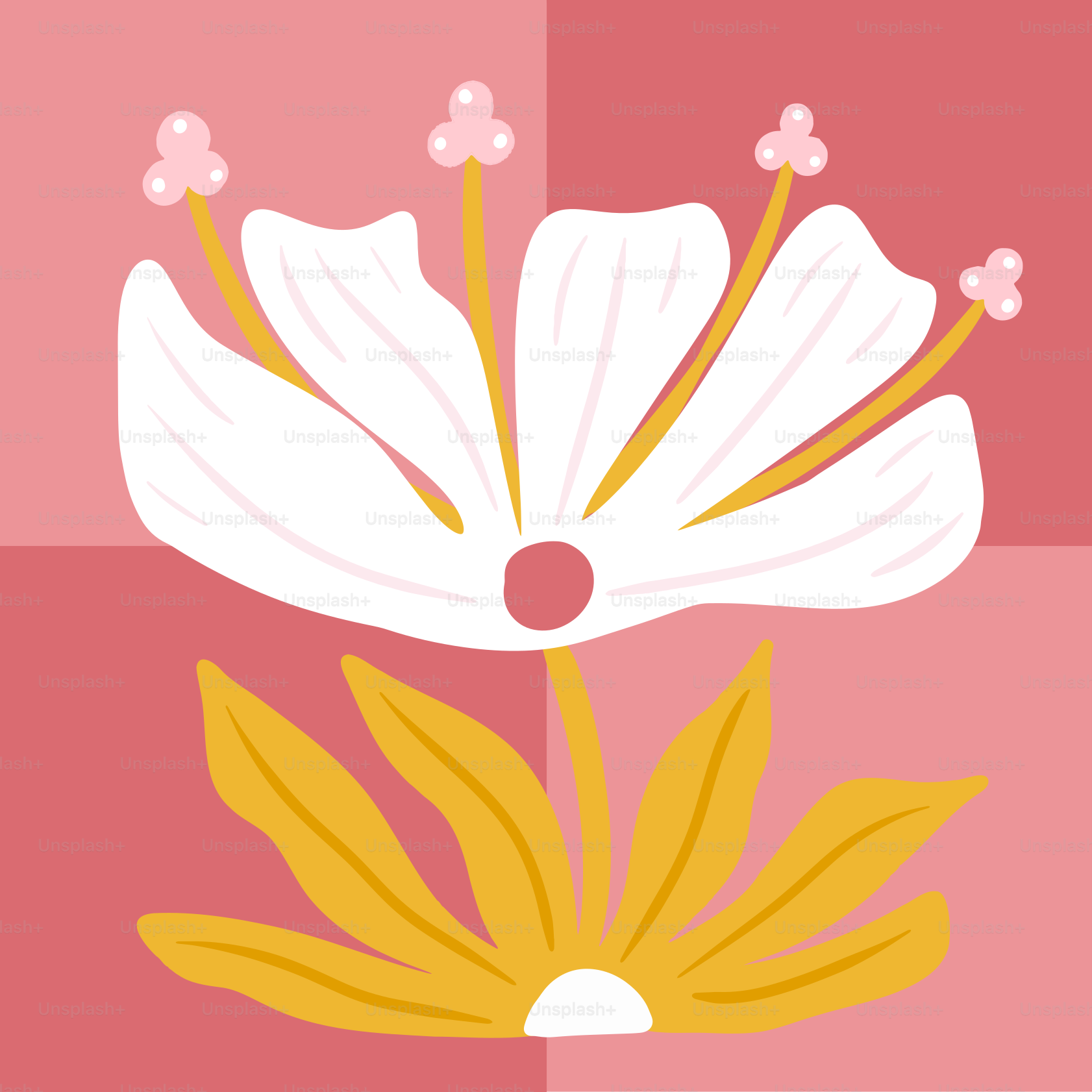 Eine weiße Blume auf einem rosa-gelb karierten Hintergrund