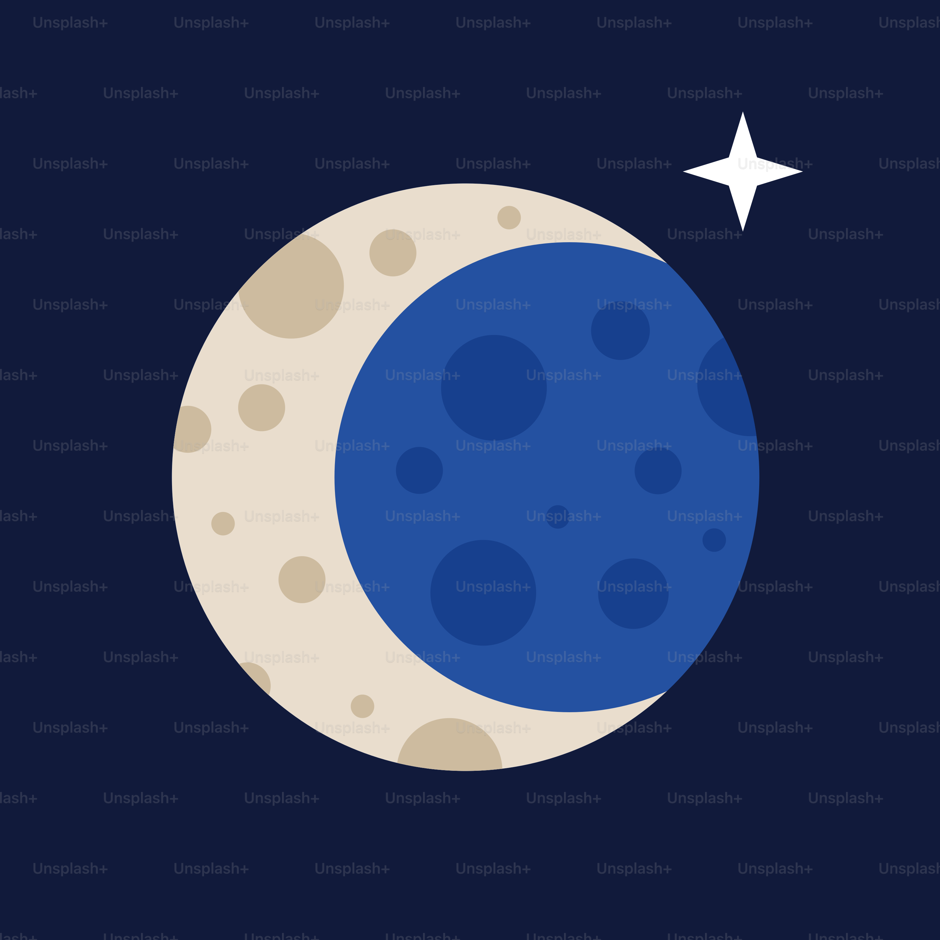 A blue and white moon with a white star