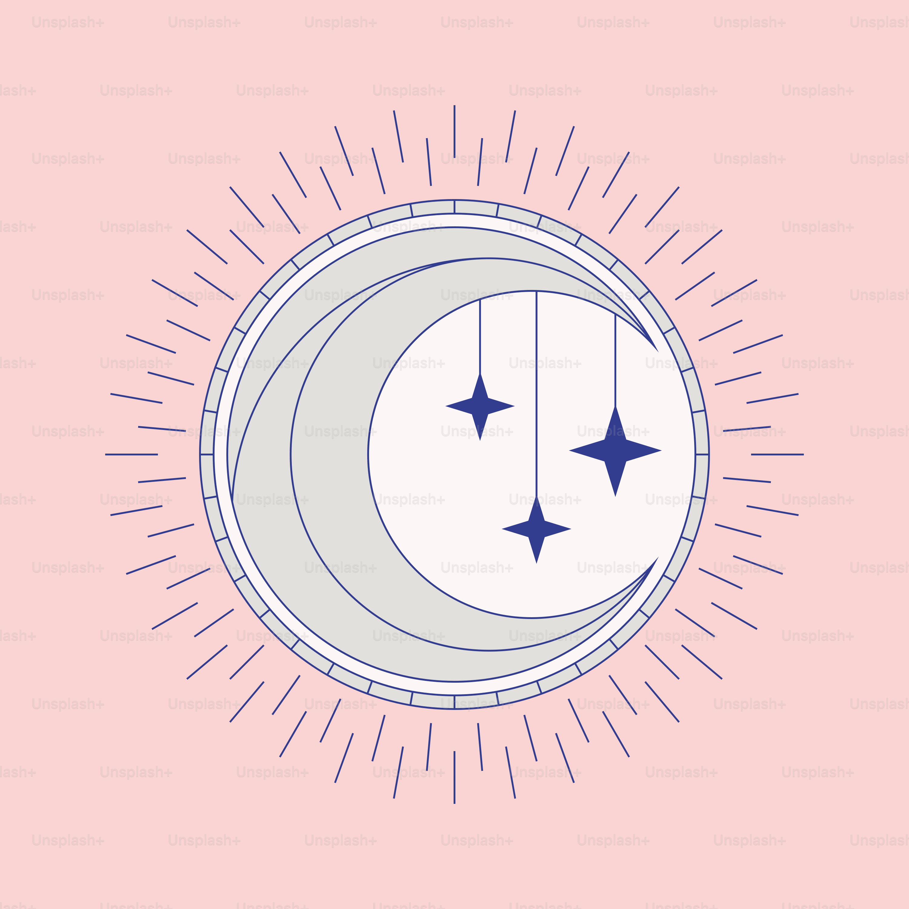 A crescent with three stars hanging from it