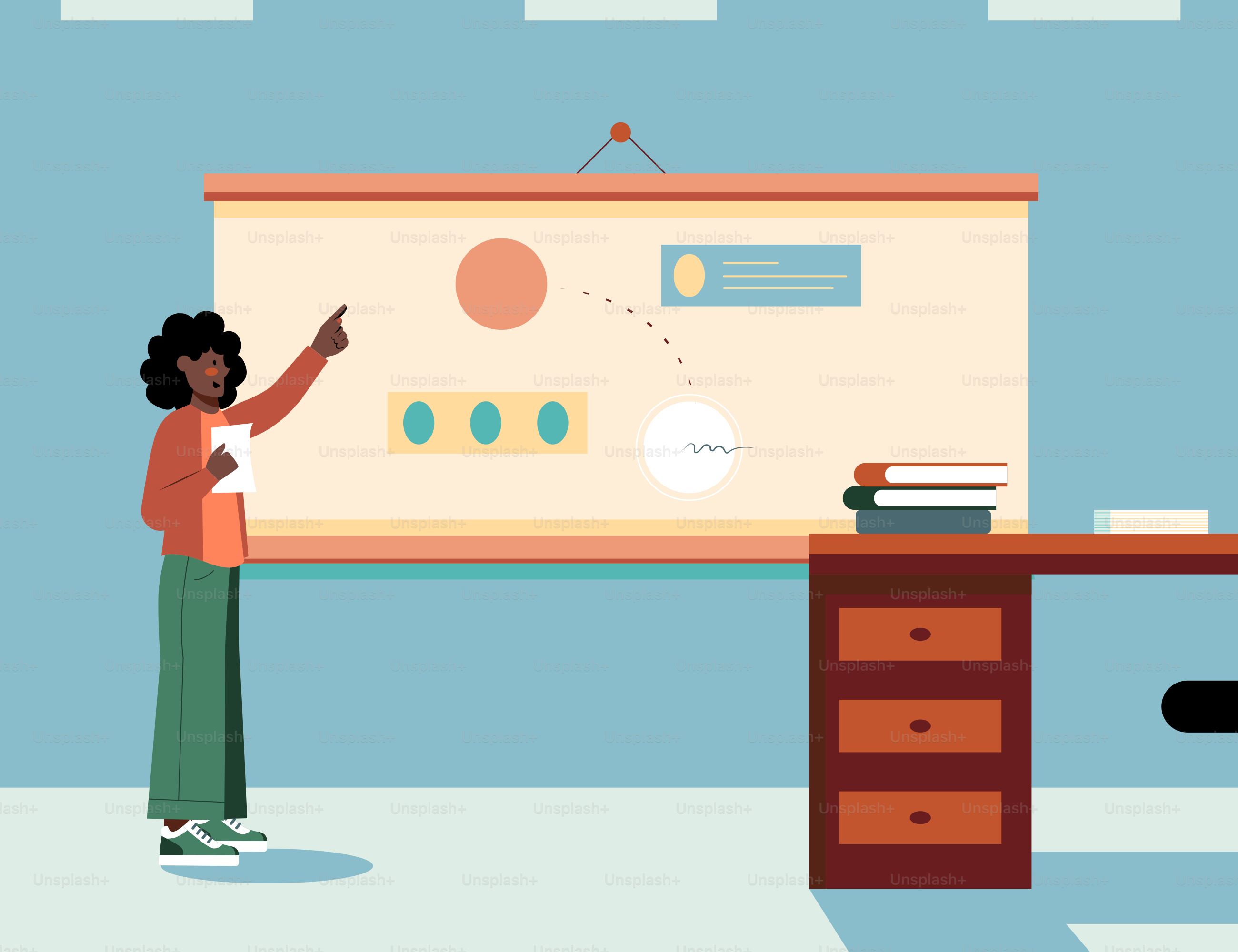 A woman pointing to a whiteboard on a wall