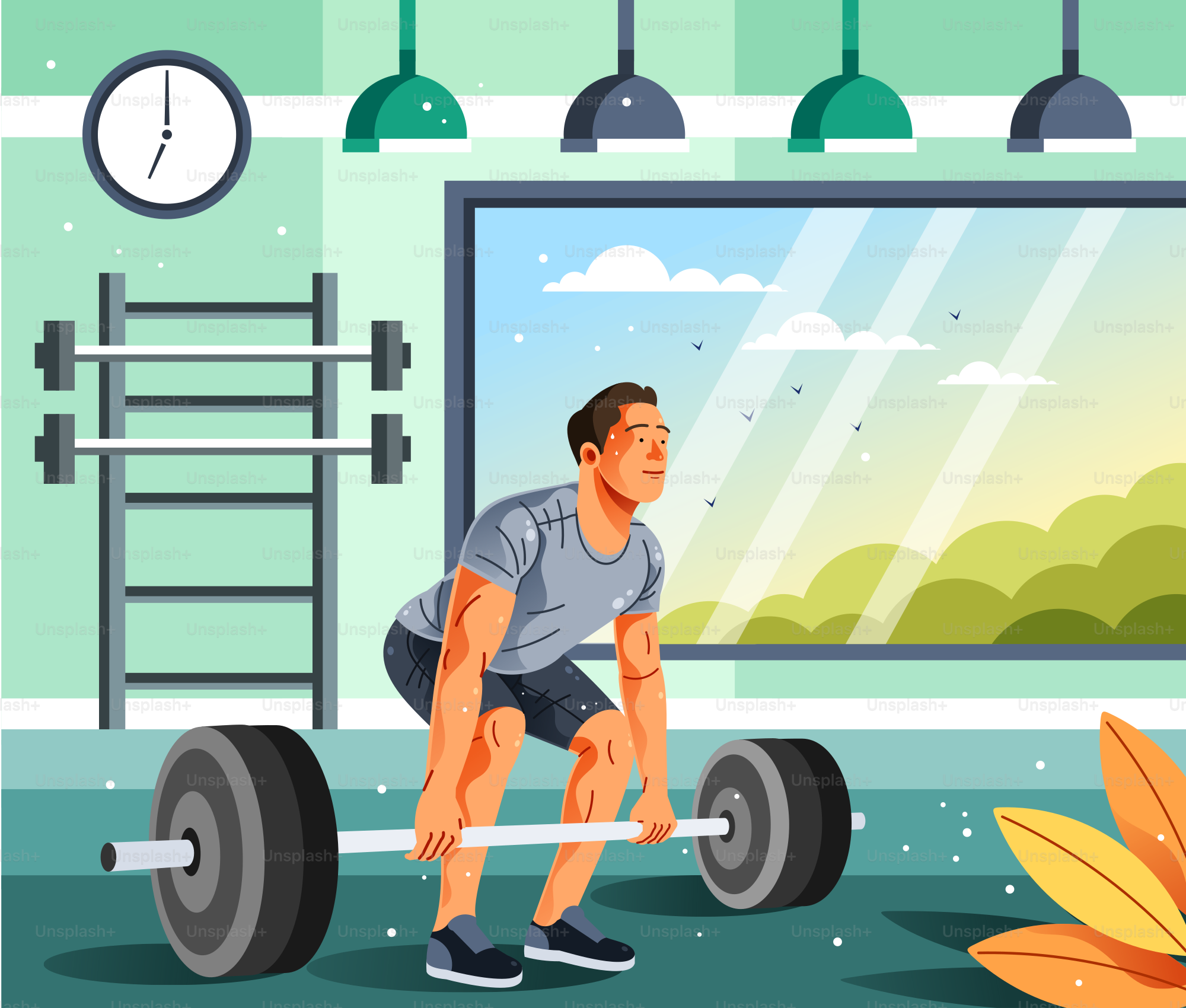 A man doing a squat with a barbell in a gym