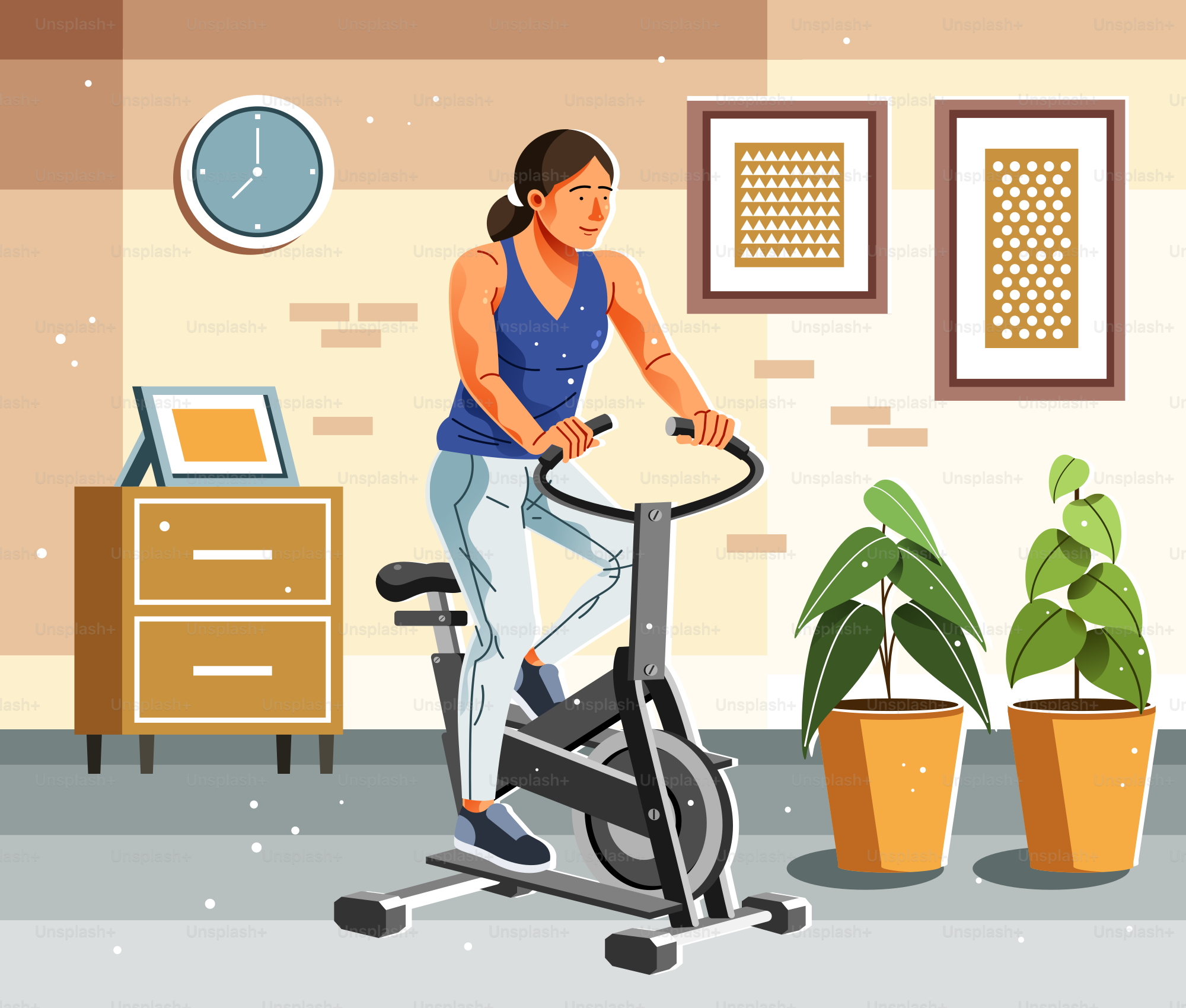 A woman riding a stationary bike in a living room