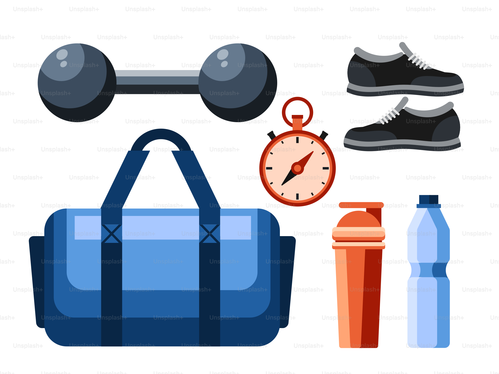 A gym bag, a water bottle, a pair of shoes, a clock,