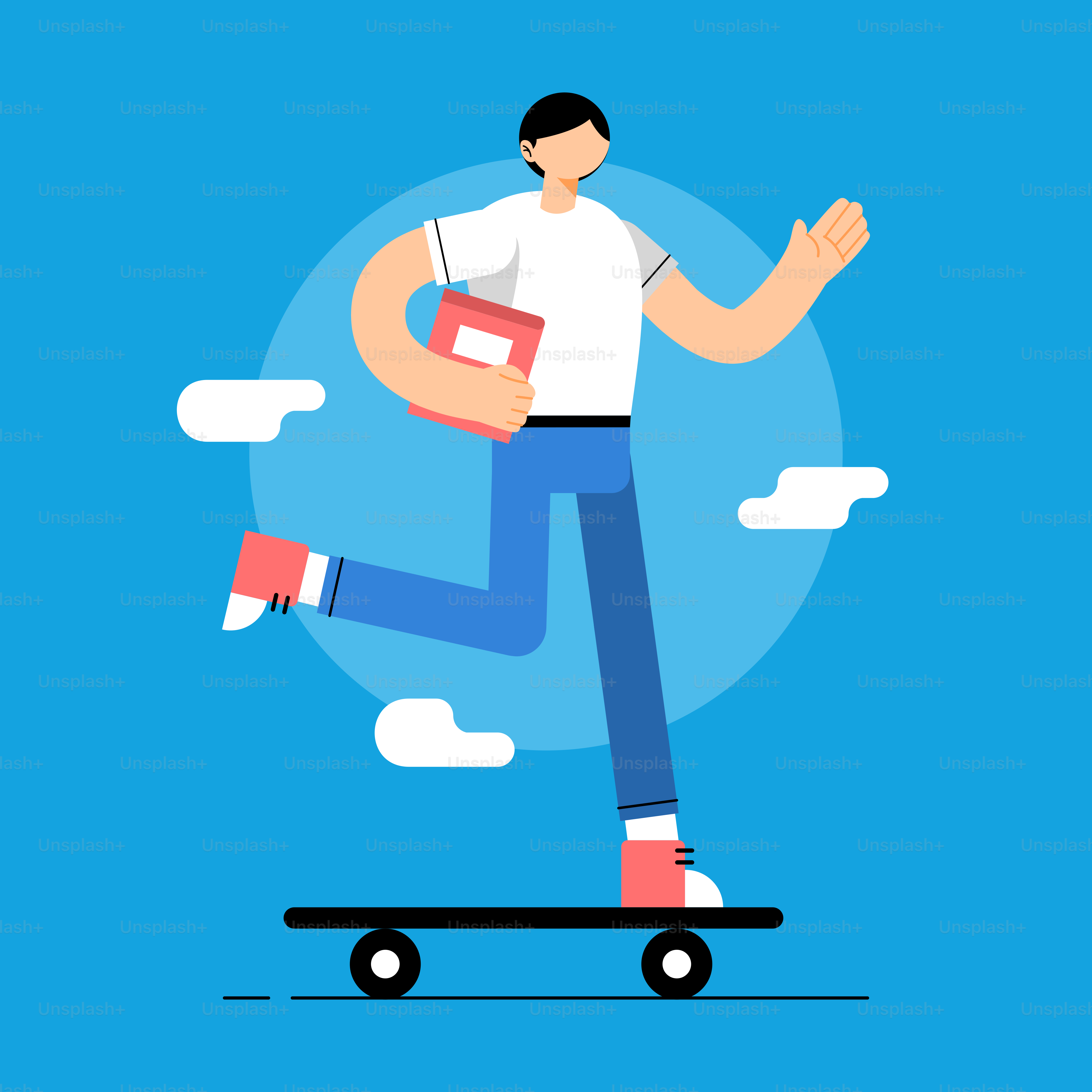 Ein Mann, der mit einem Buch in der Hand auf einem Skateboard fährt