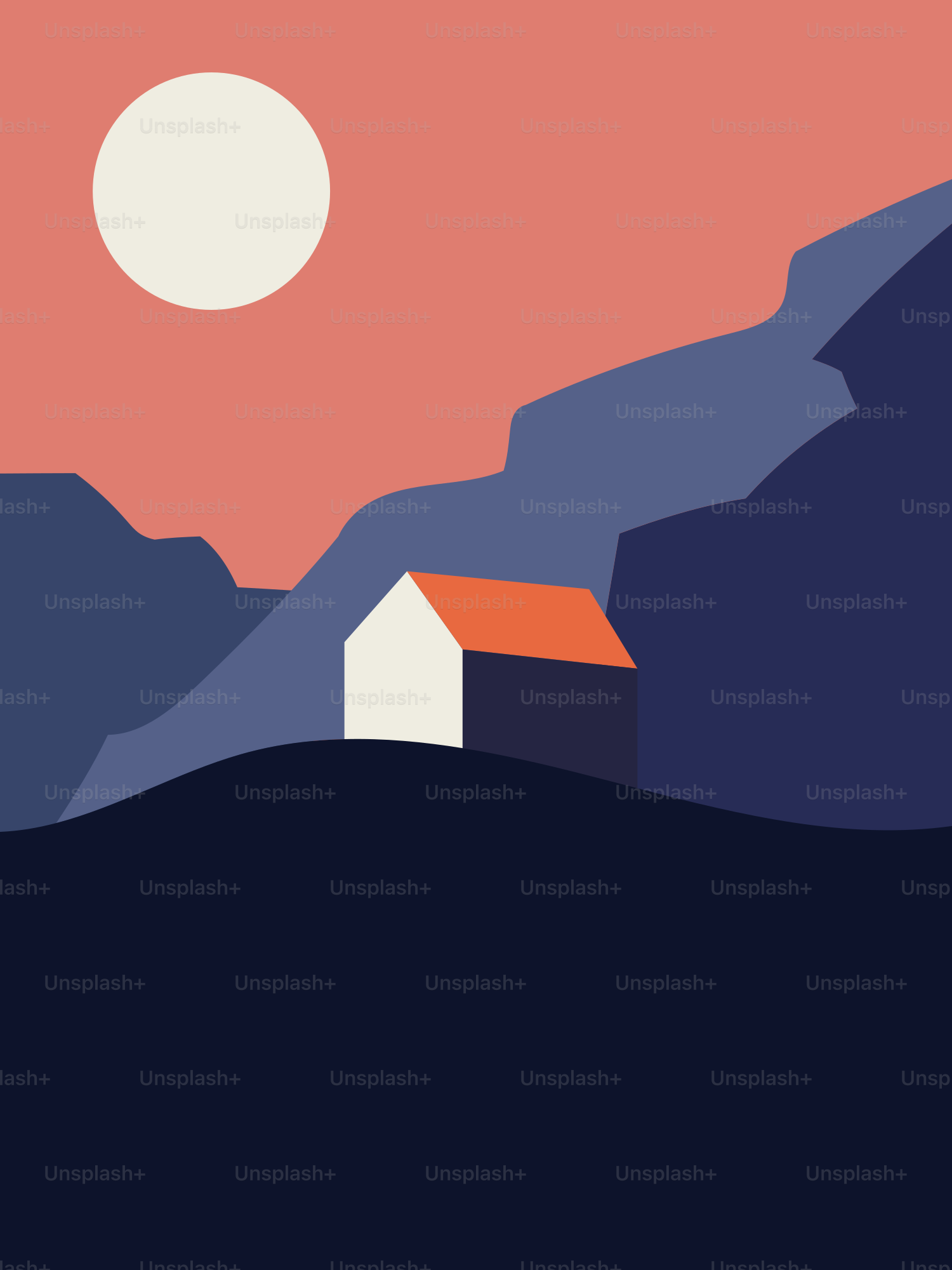 Une maison sur une colline avec un coucher de soleil en arrière-plan