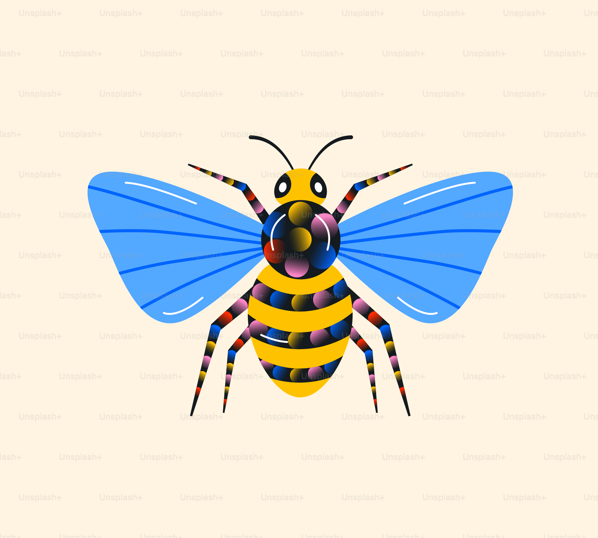 A blue and yellow bee on a white background