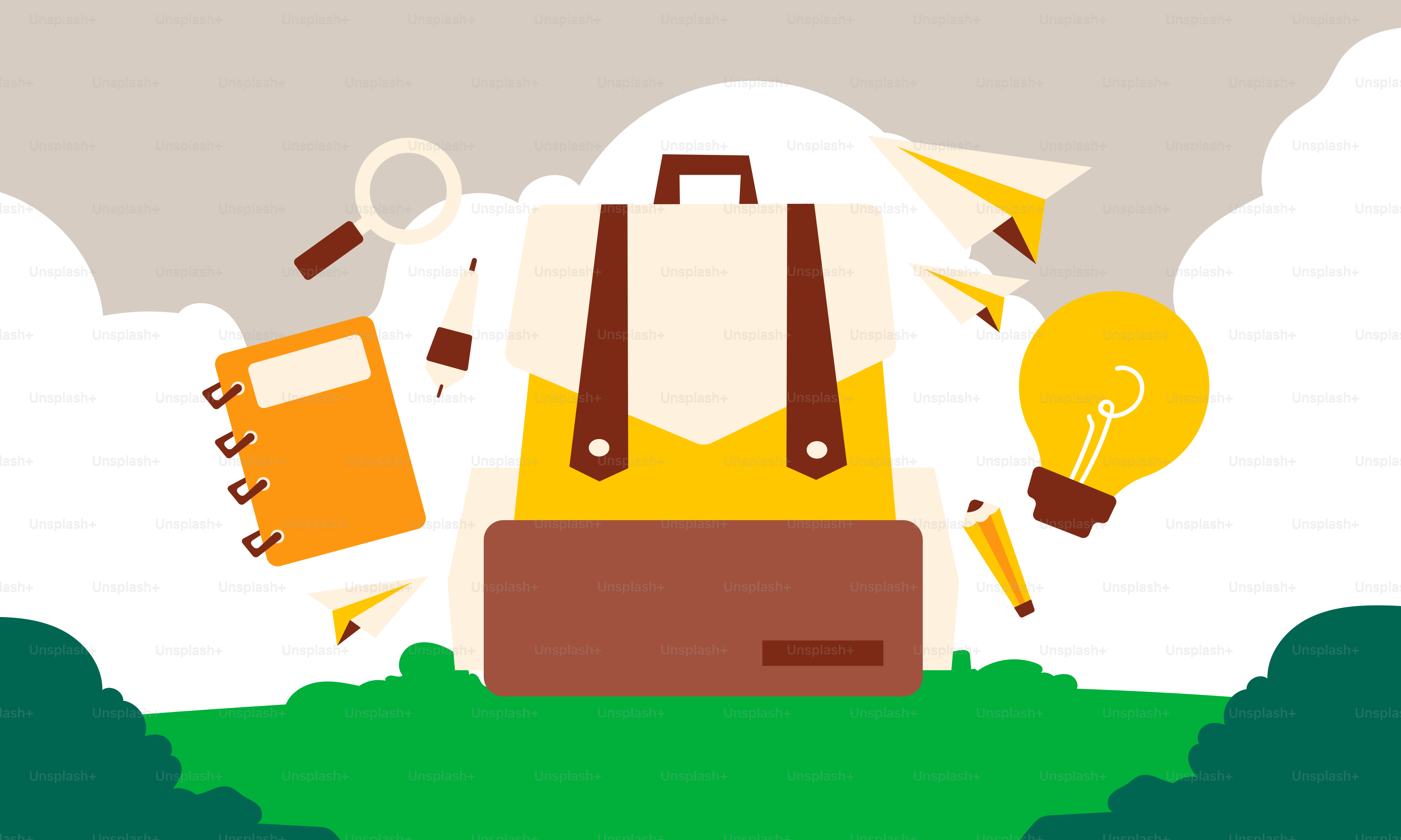 Ein gelber Rucksack mit einer Glühbirne darauf