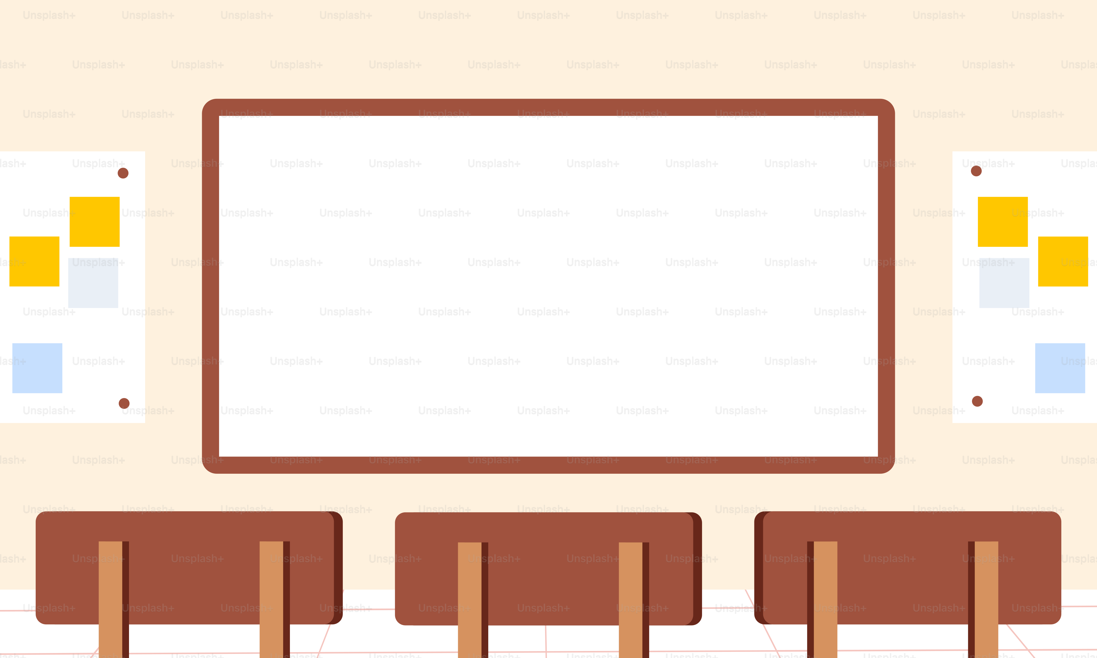 A classroom with a whiteboard and wooden desks