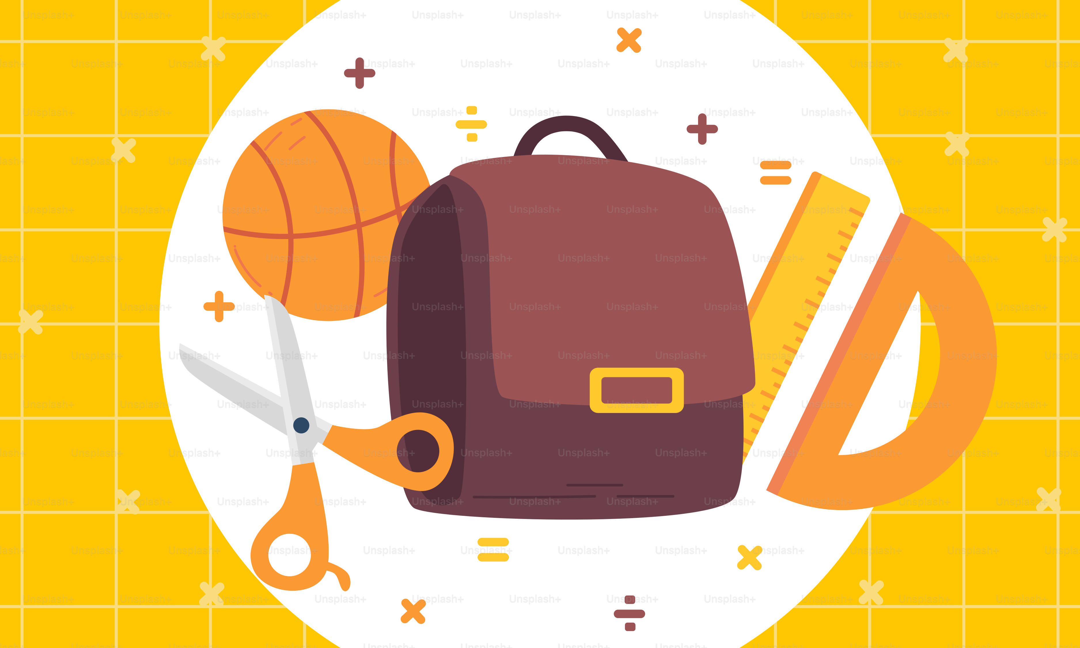 Une affiche de rentrée avec un sac à dos et des fournitures scolaires