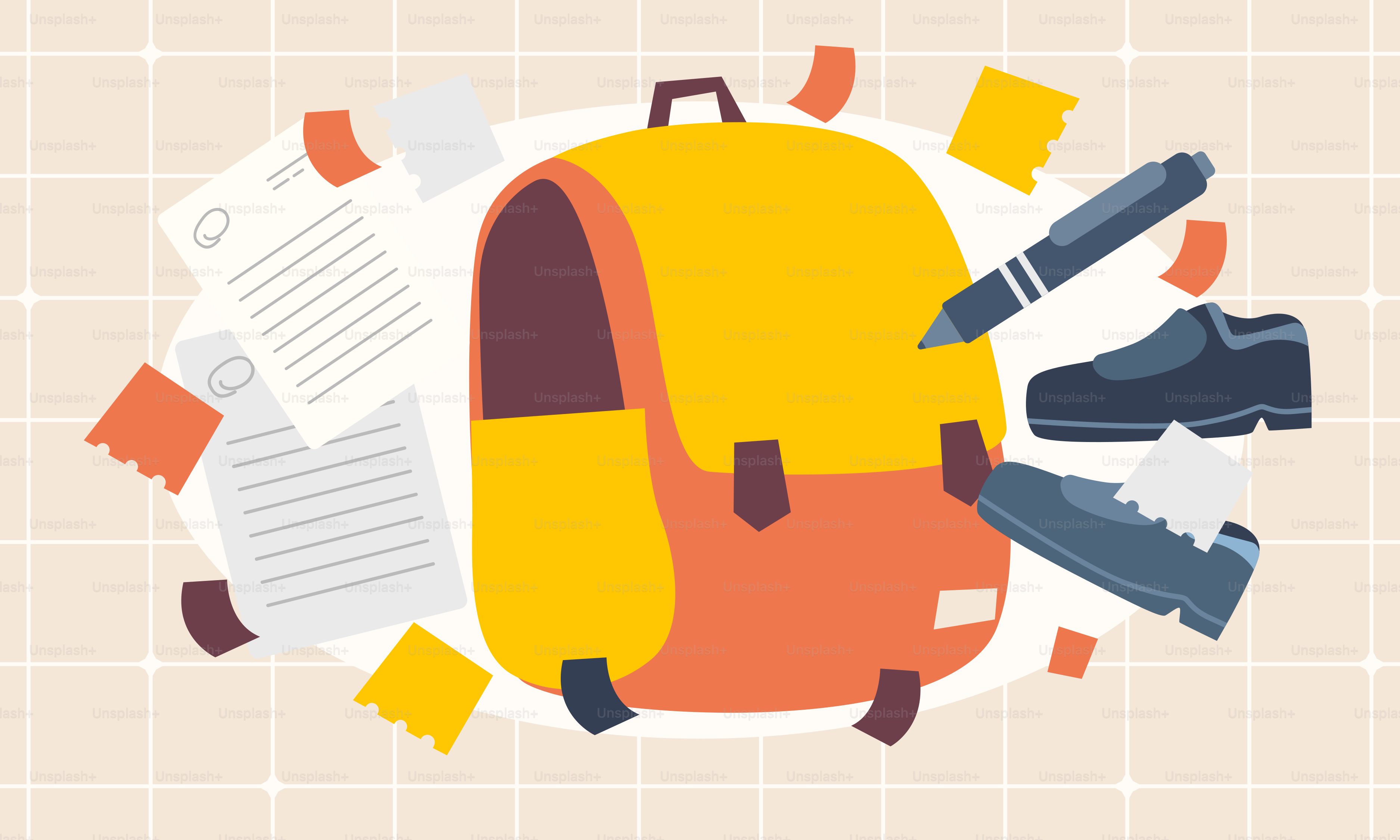 Ein gelber Rucksack mit einem Paar Schuhe darauf