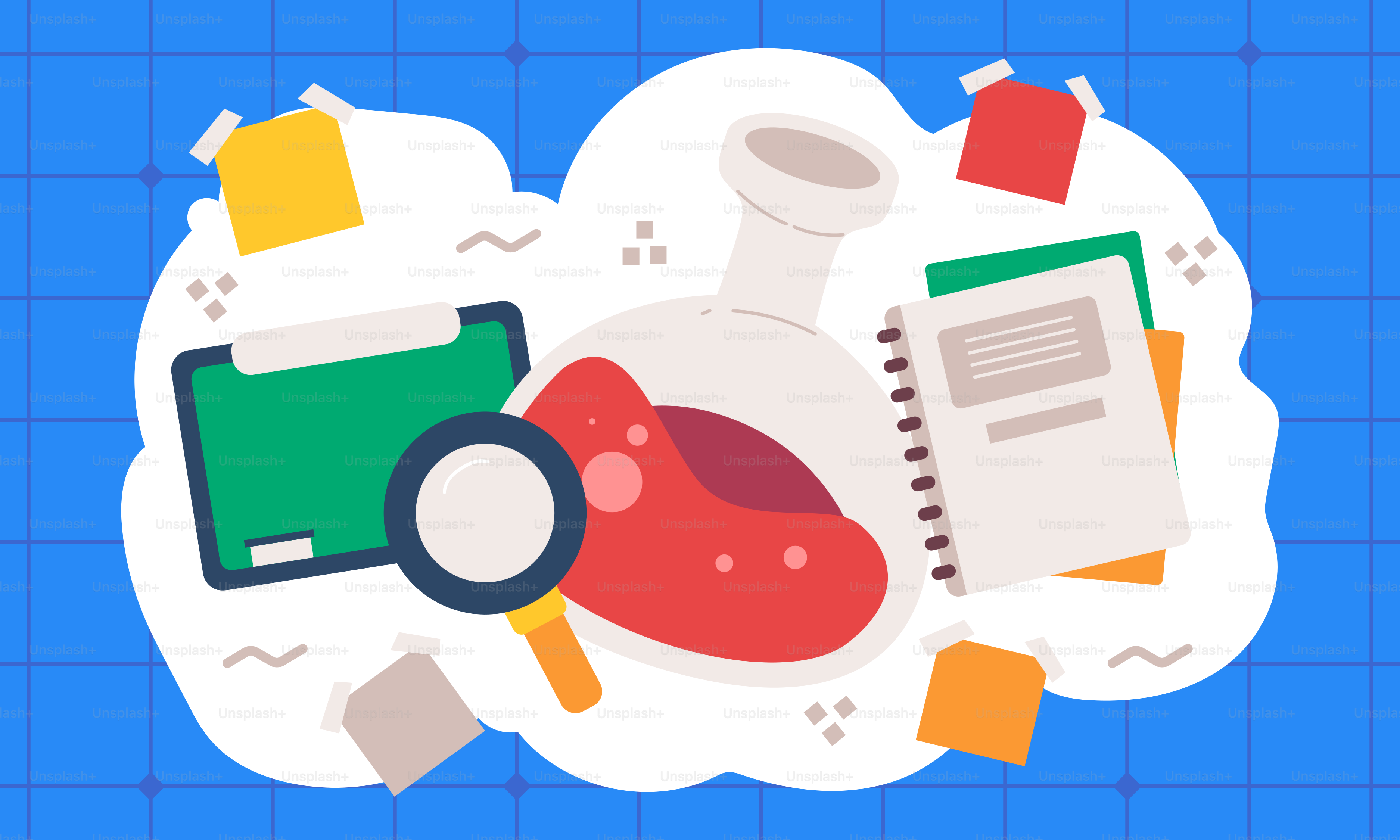 Ein Buch, eine Lupe und Papier auf blauem Hintergrund