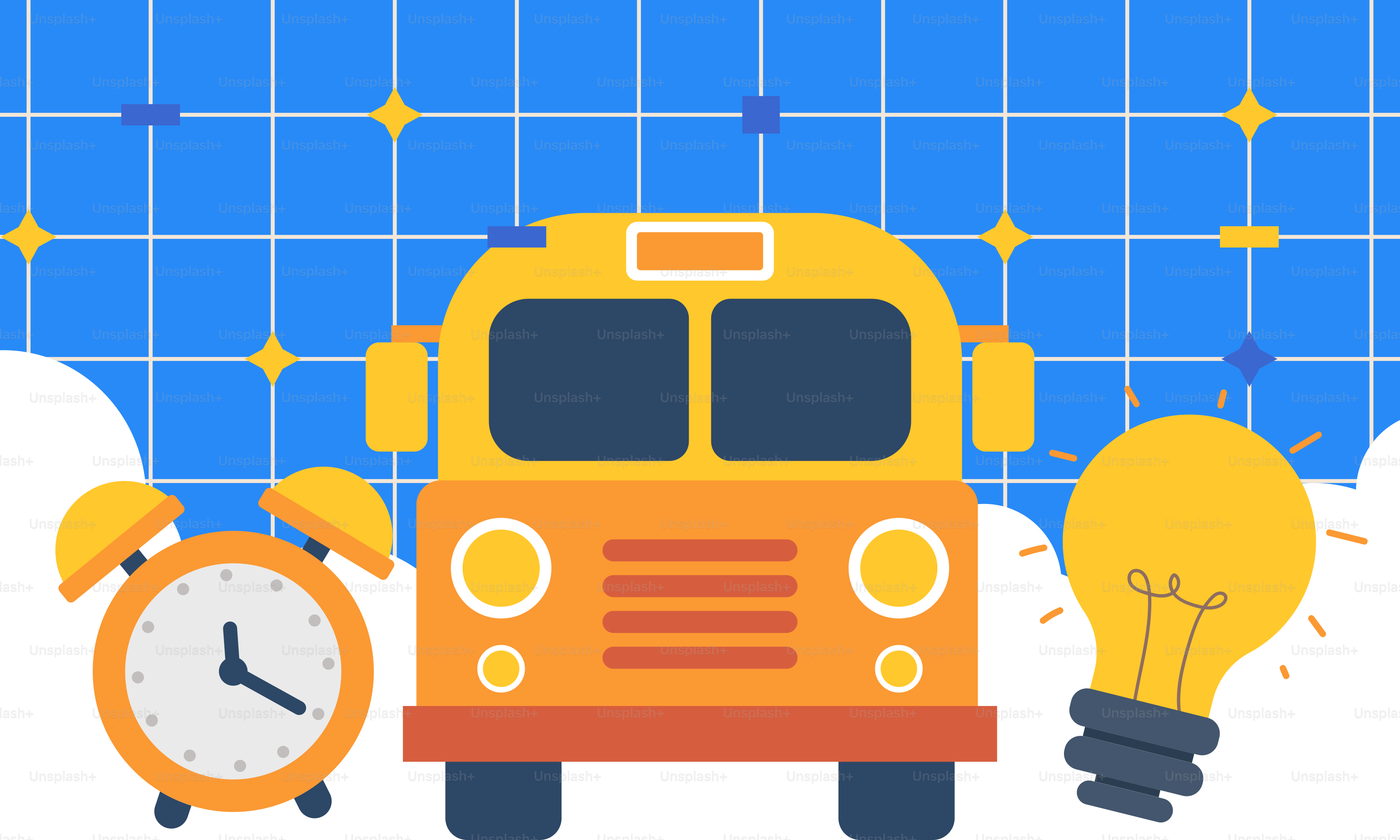 Un autobús escolar con un reloj y bombillas