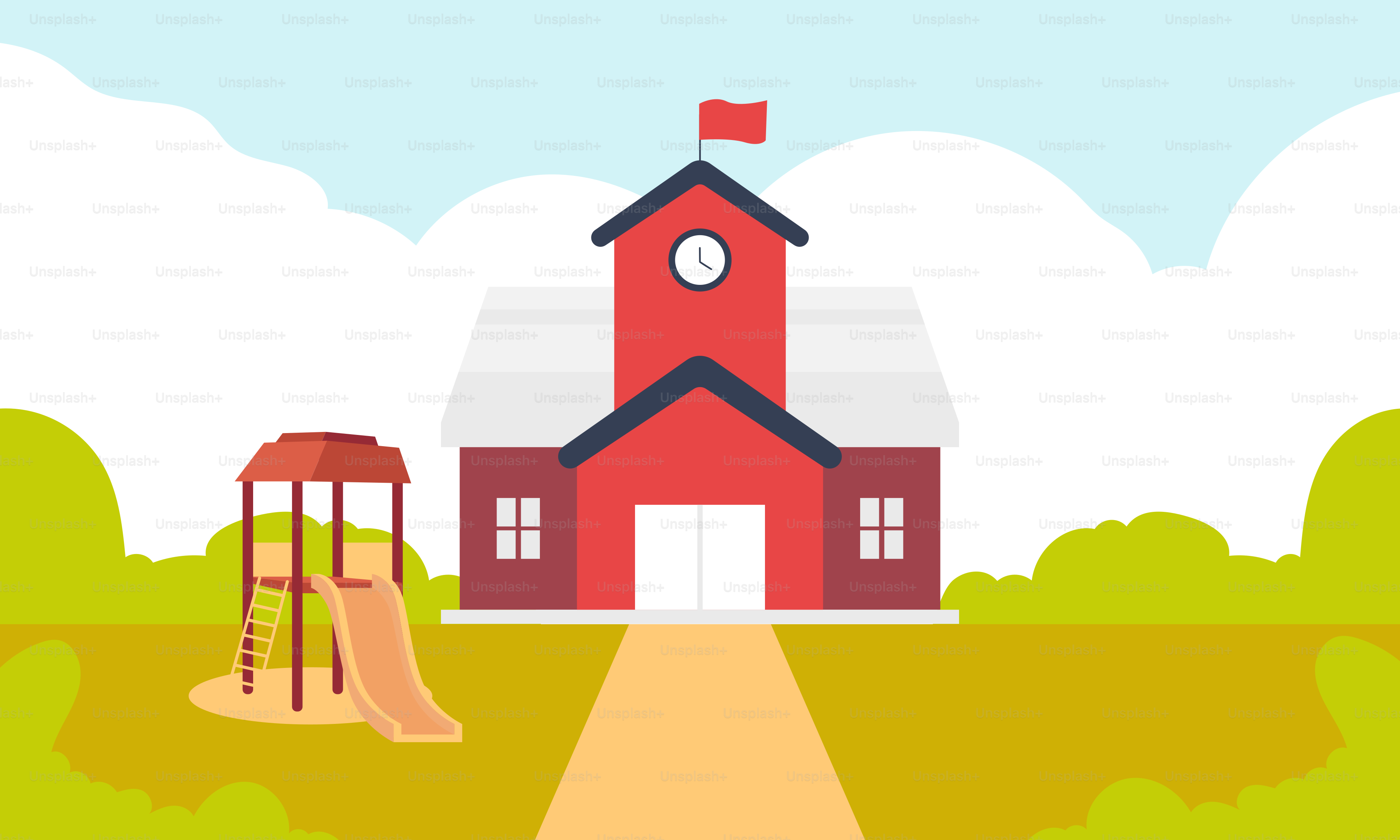 Una iglesia roja con un parque infantil y un tobogán