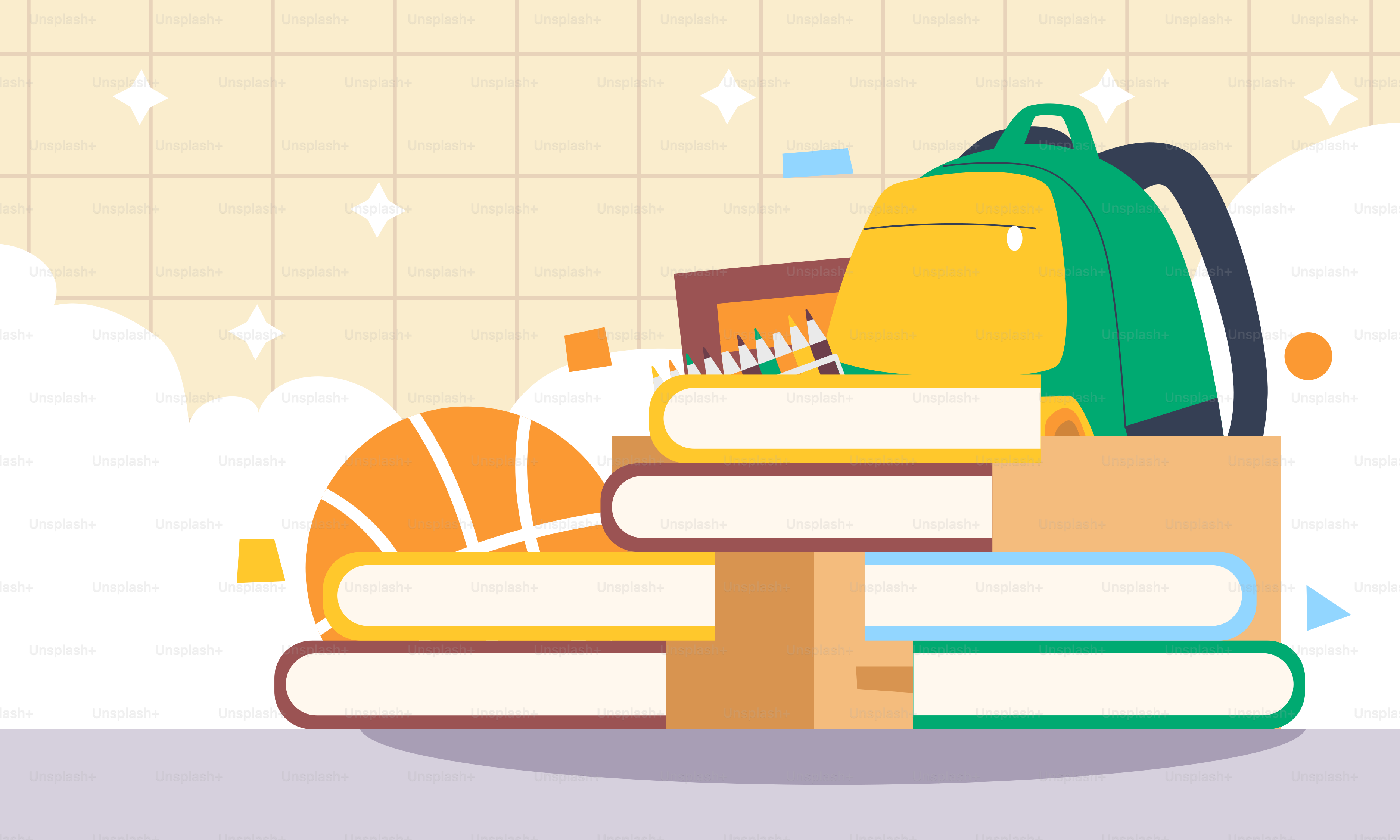 Ein Stapel Bücher und ein Rucksack auf einem Bücherstapel
