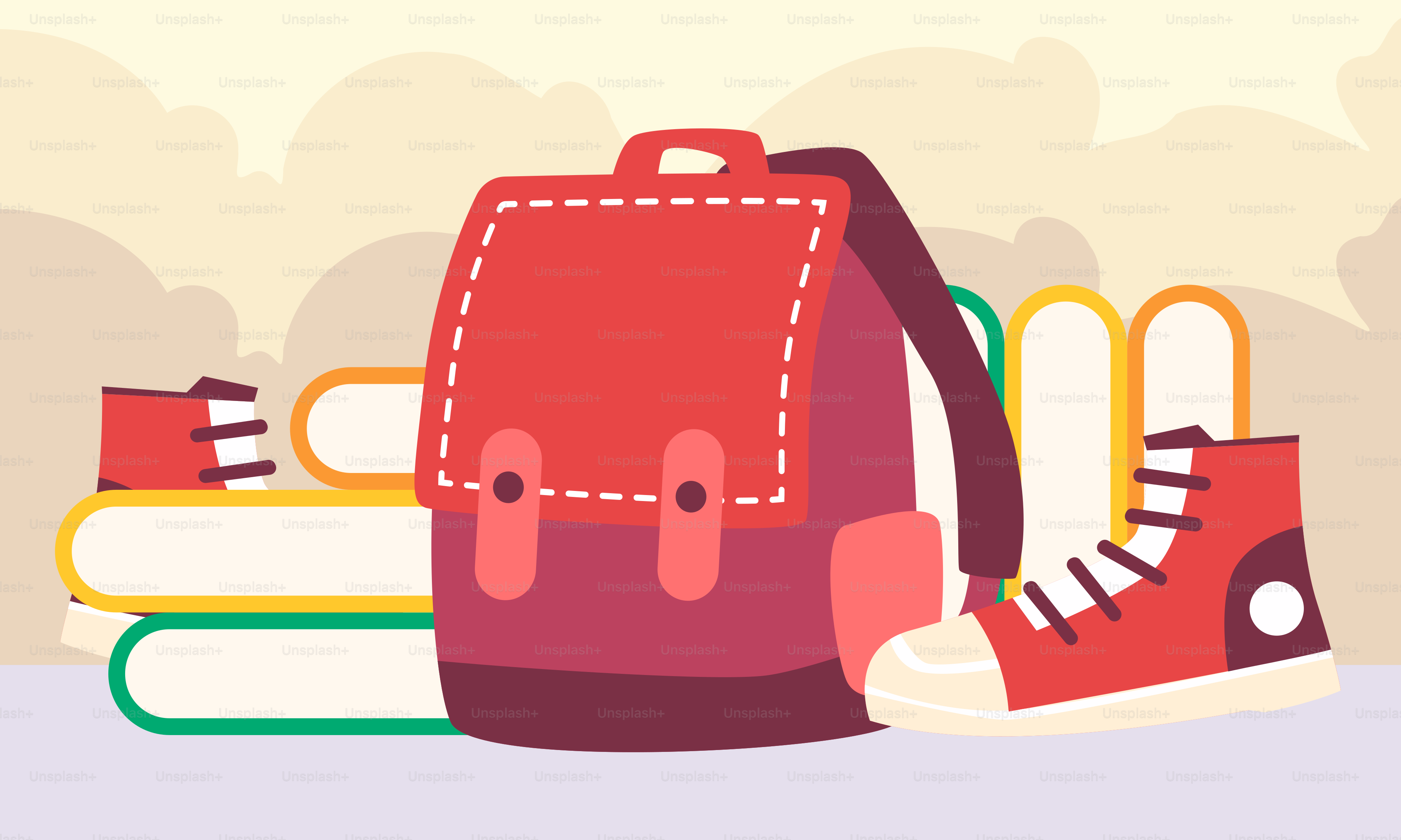 A backpack and some books on a table