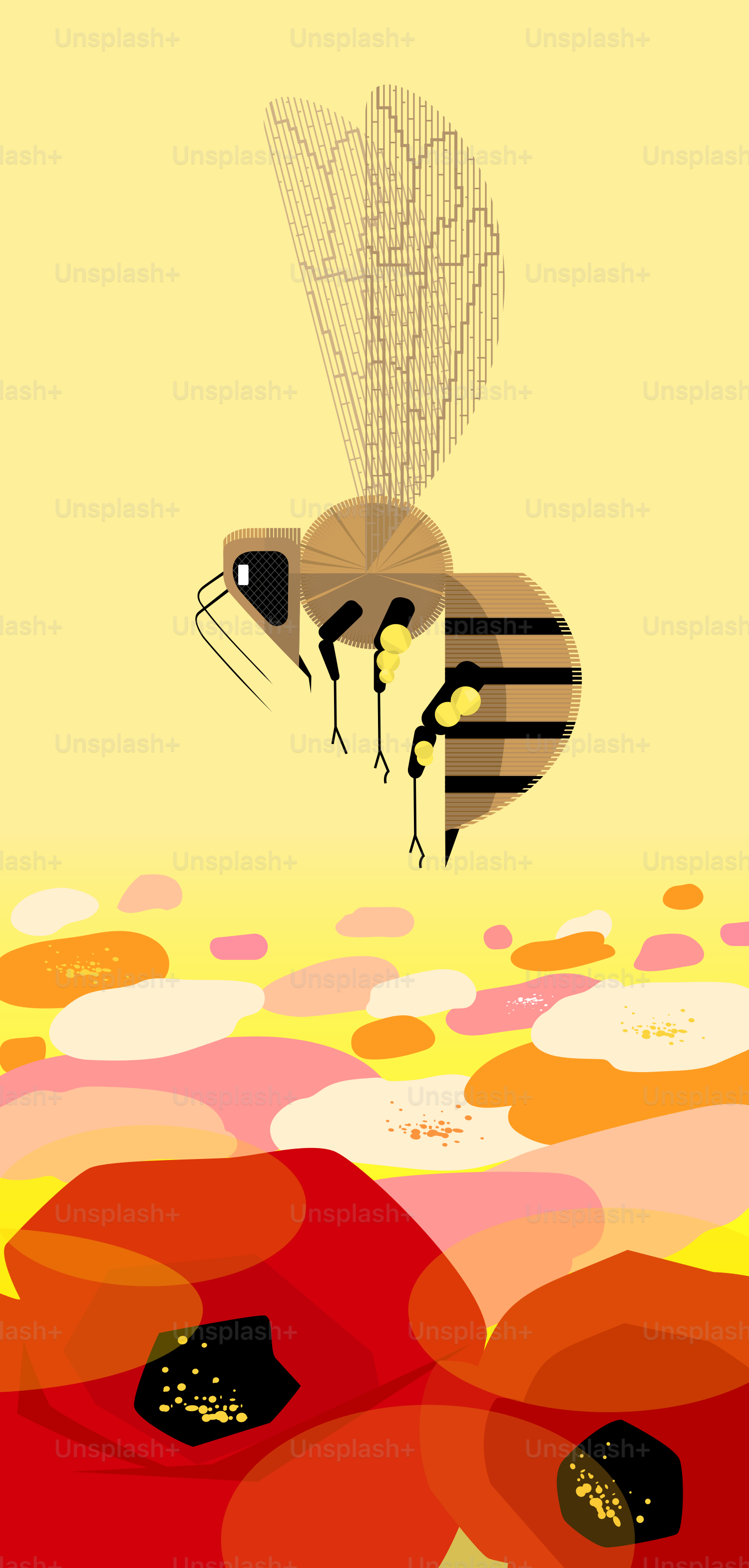 A painting of a bee flying over a field of flowers