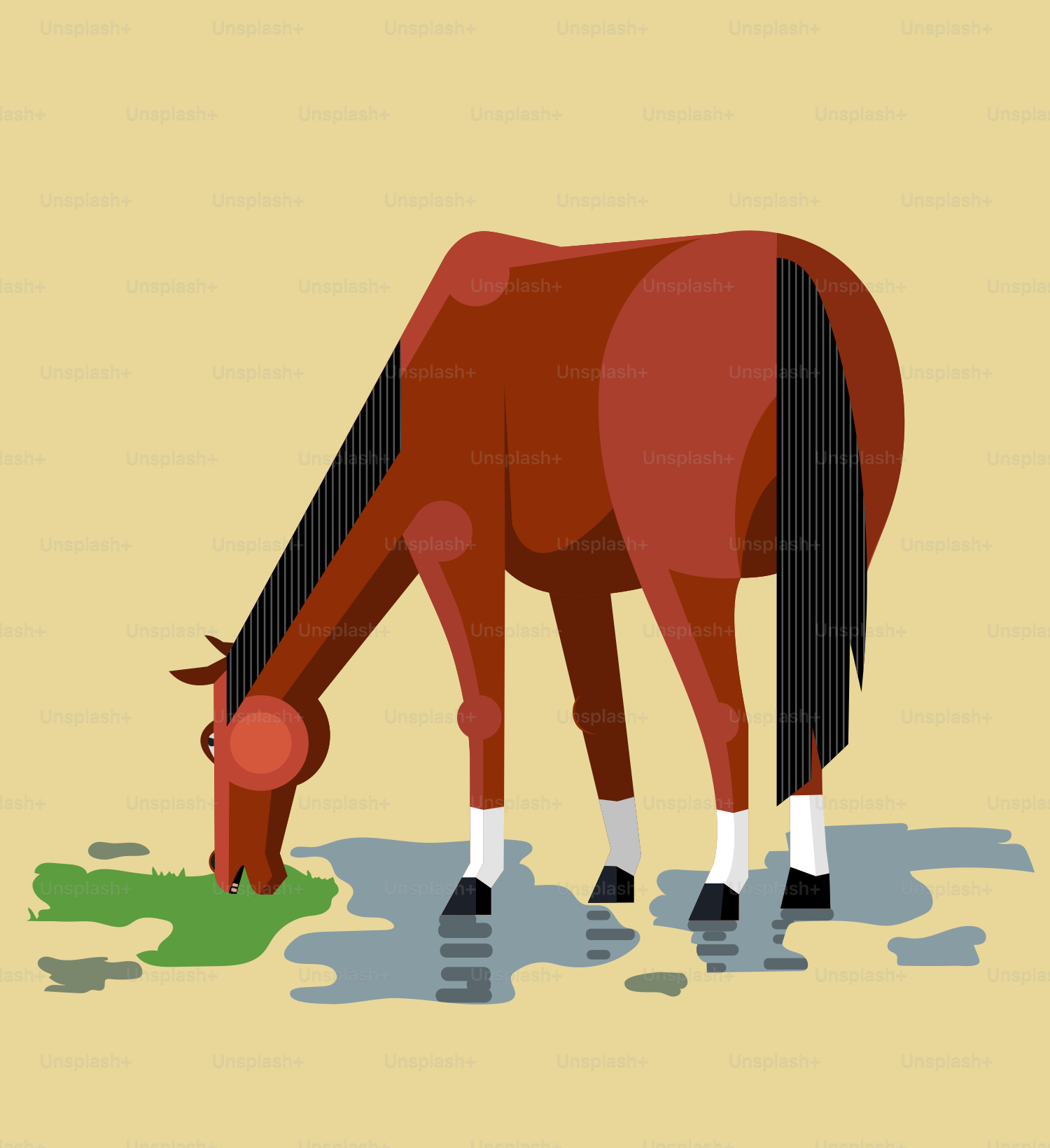 Un caballo marrón bebiendo agua de un charco