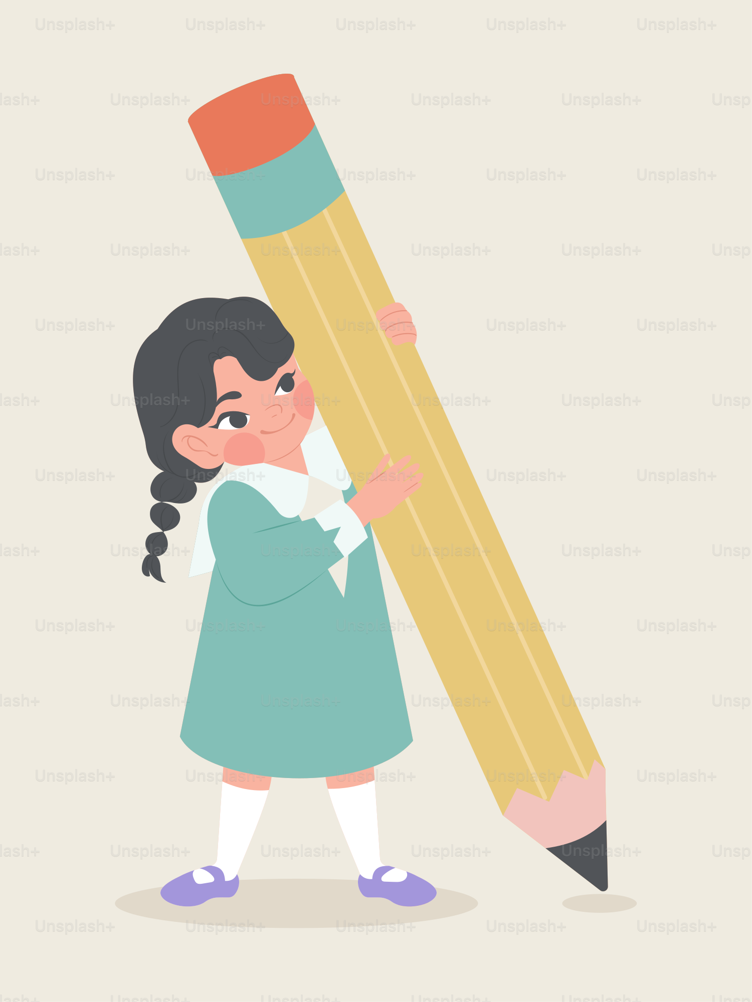 A little girl holding a giant pencil