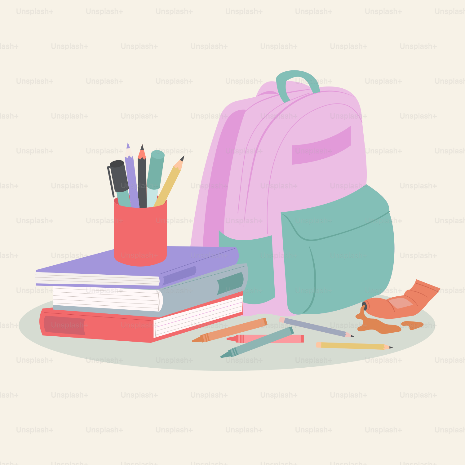 Uno zaino, libri, matite e altri materiali scolastici