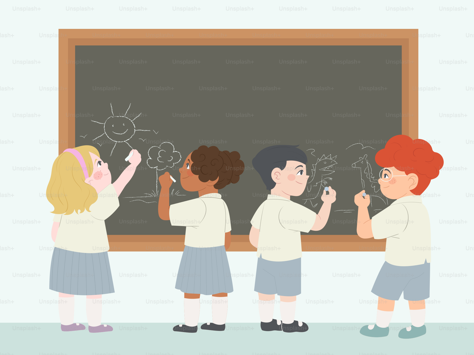Un gruppo di bambini in piedi davanti a una lavagna