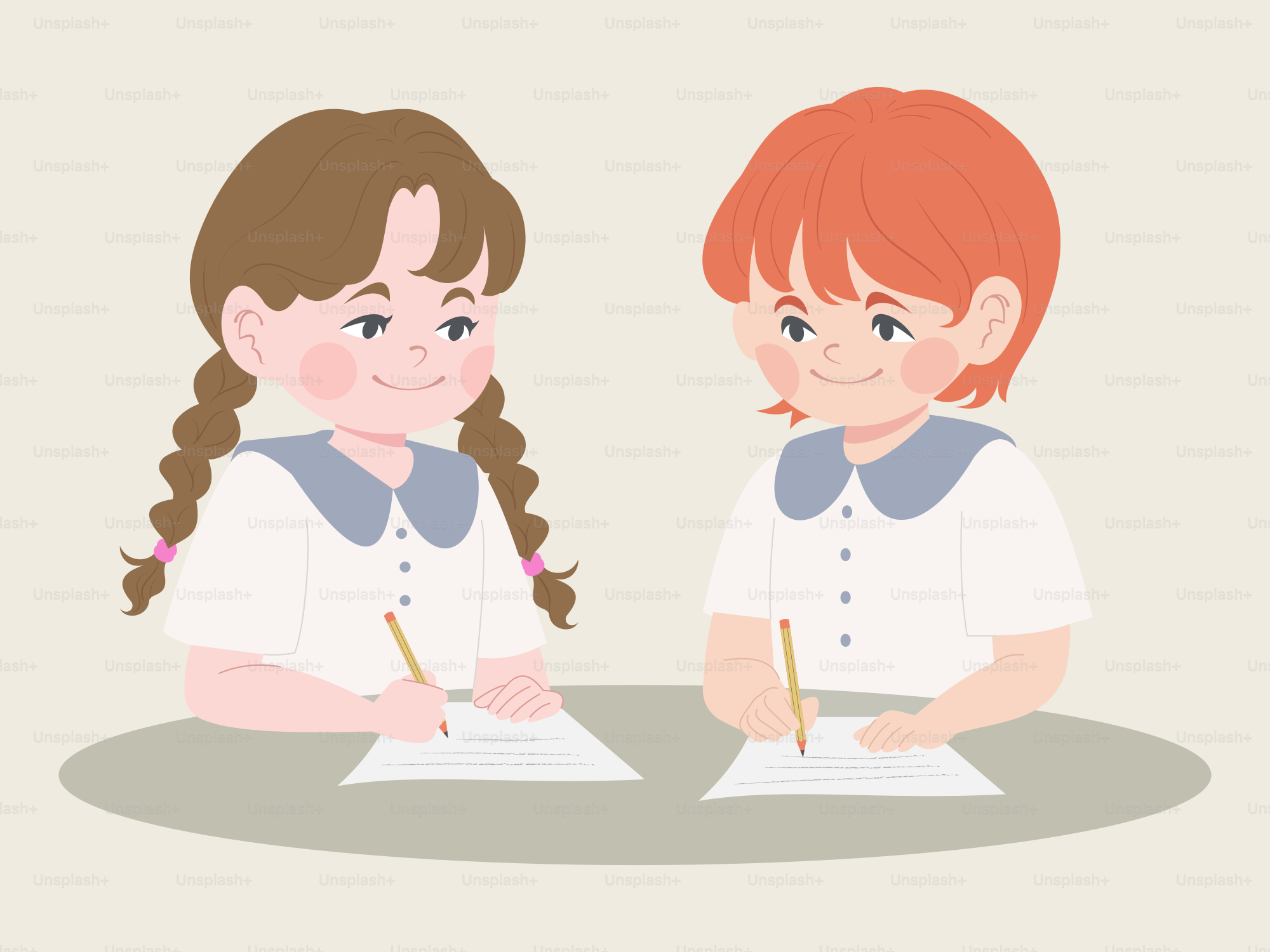 Due ragazze sedute a un tavolo a scrivere su carta