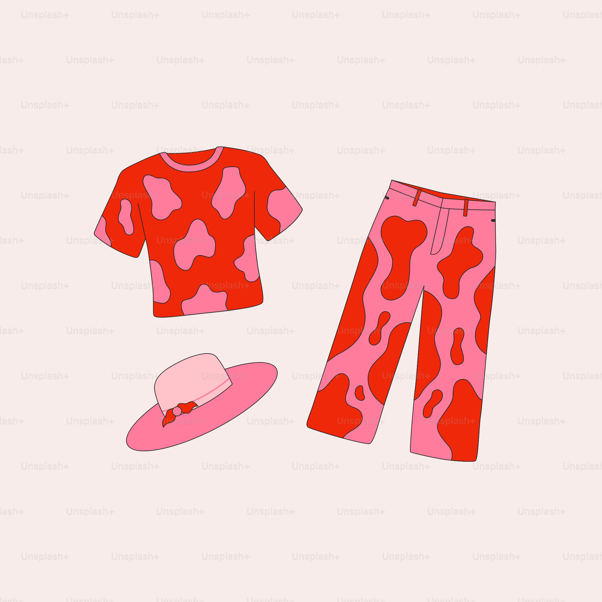 A pink and red outfit and hat on a white background