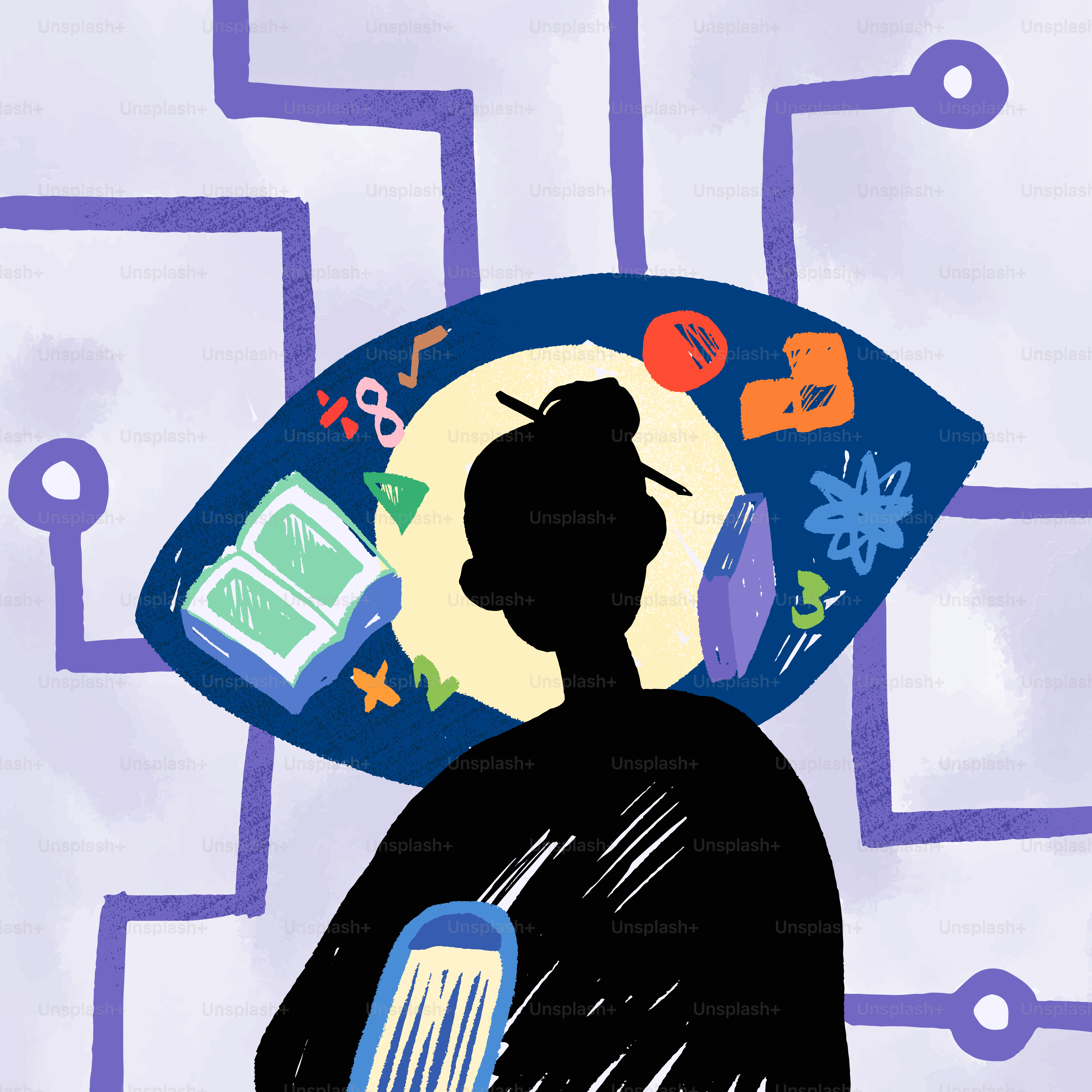 Um desenho de uma pessoa com um livro na cabeça