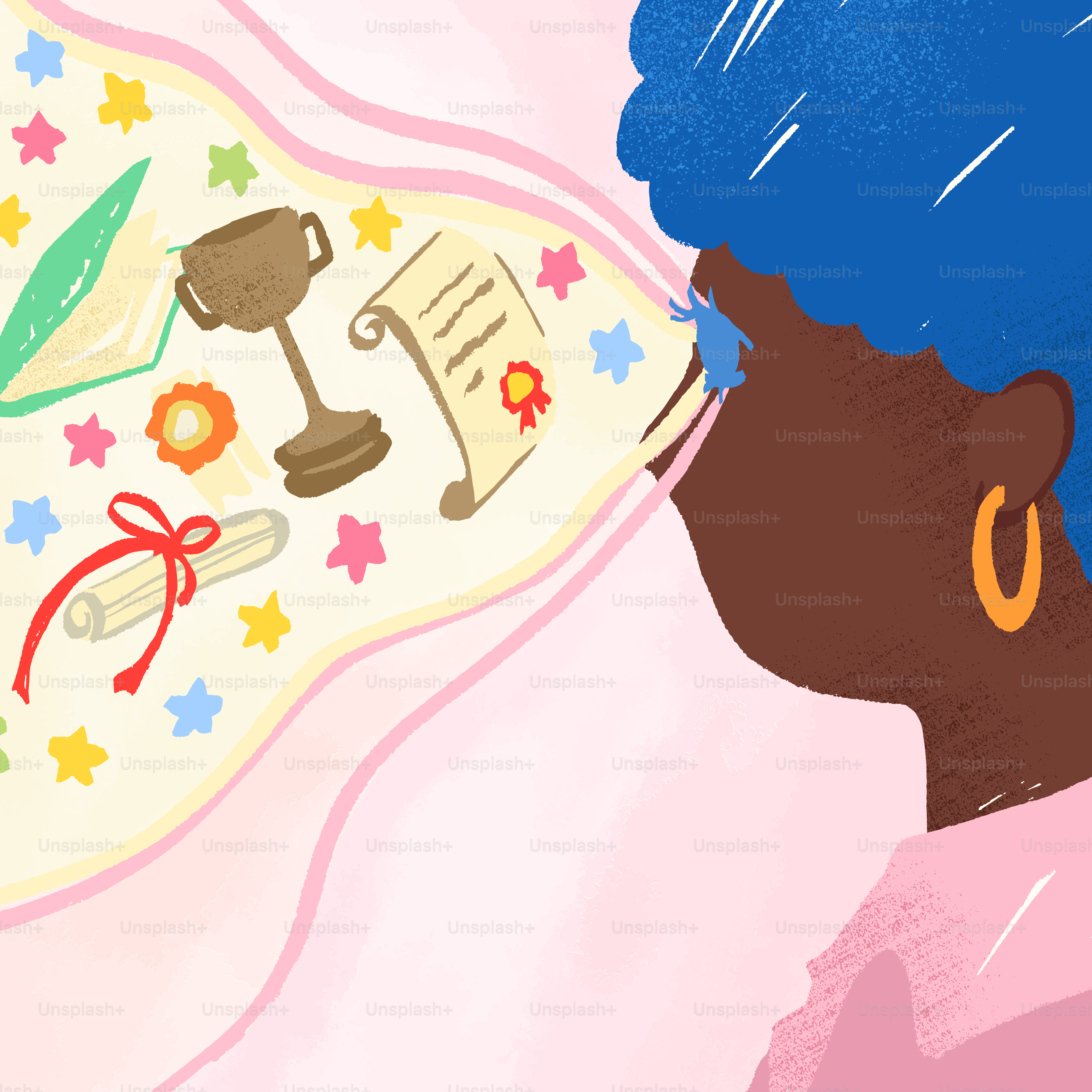 A drawing of a woman with blue hair blowing a bubble