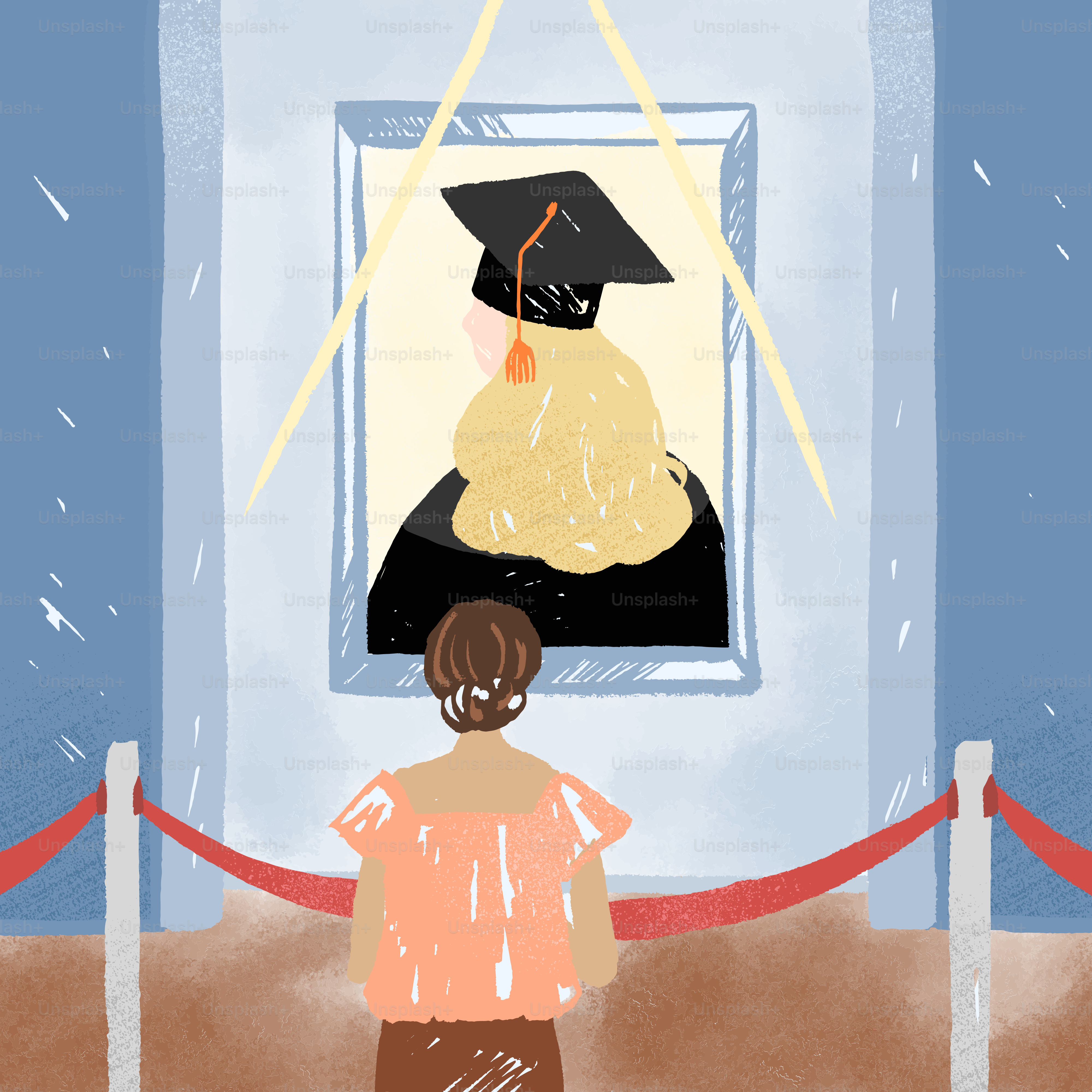 A woman standing in front of a painting of a woman in a graduation cap