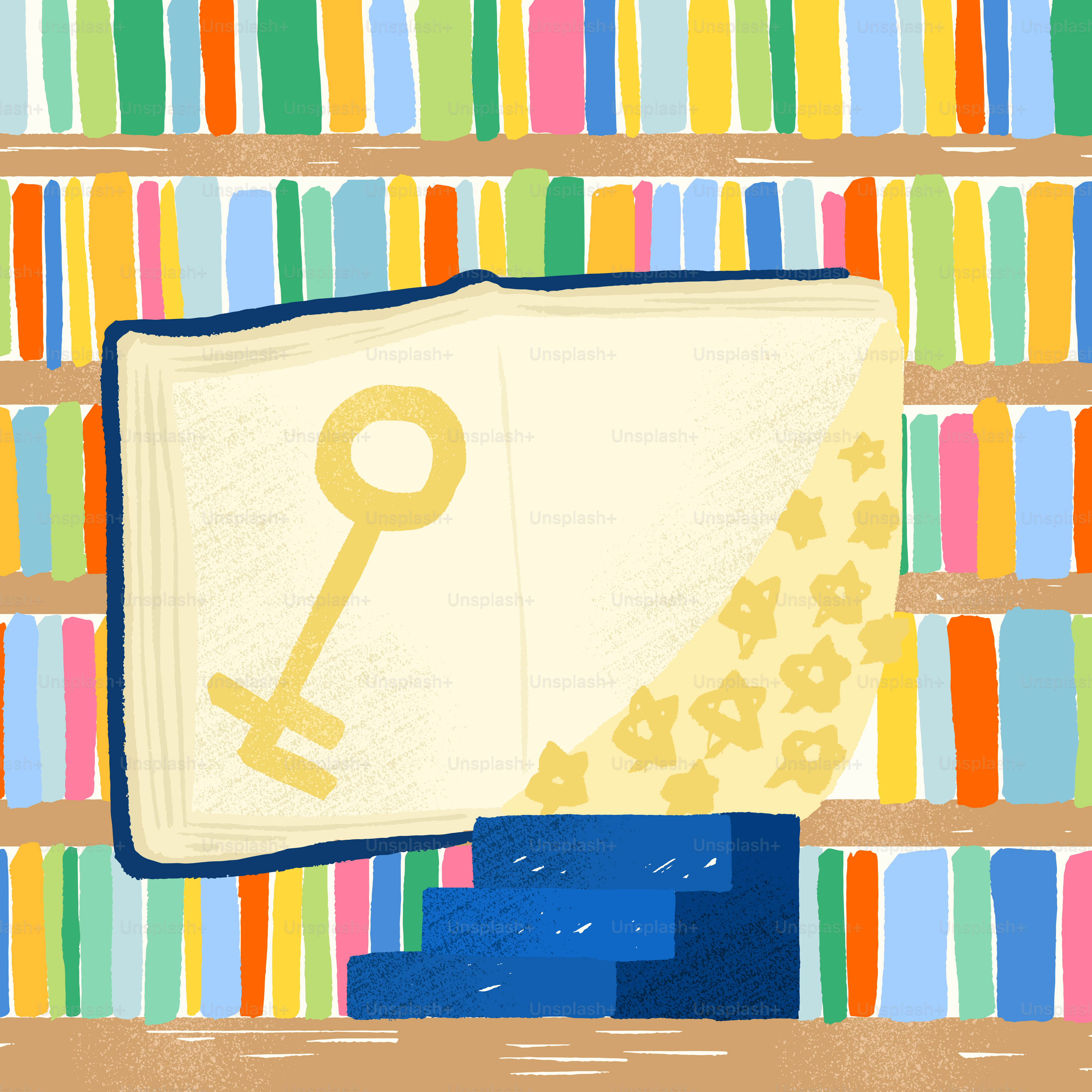 A picture of a book shelf with books and a key on it