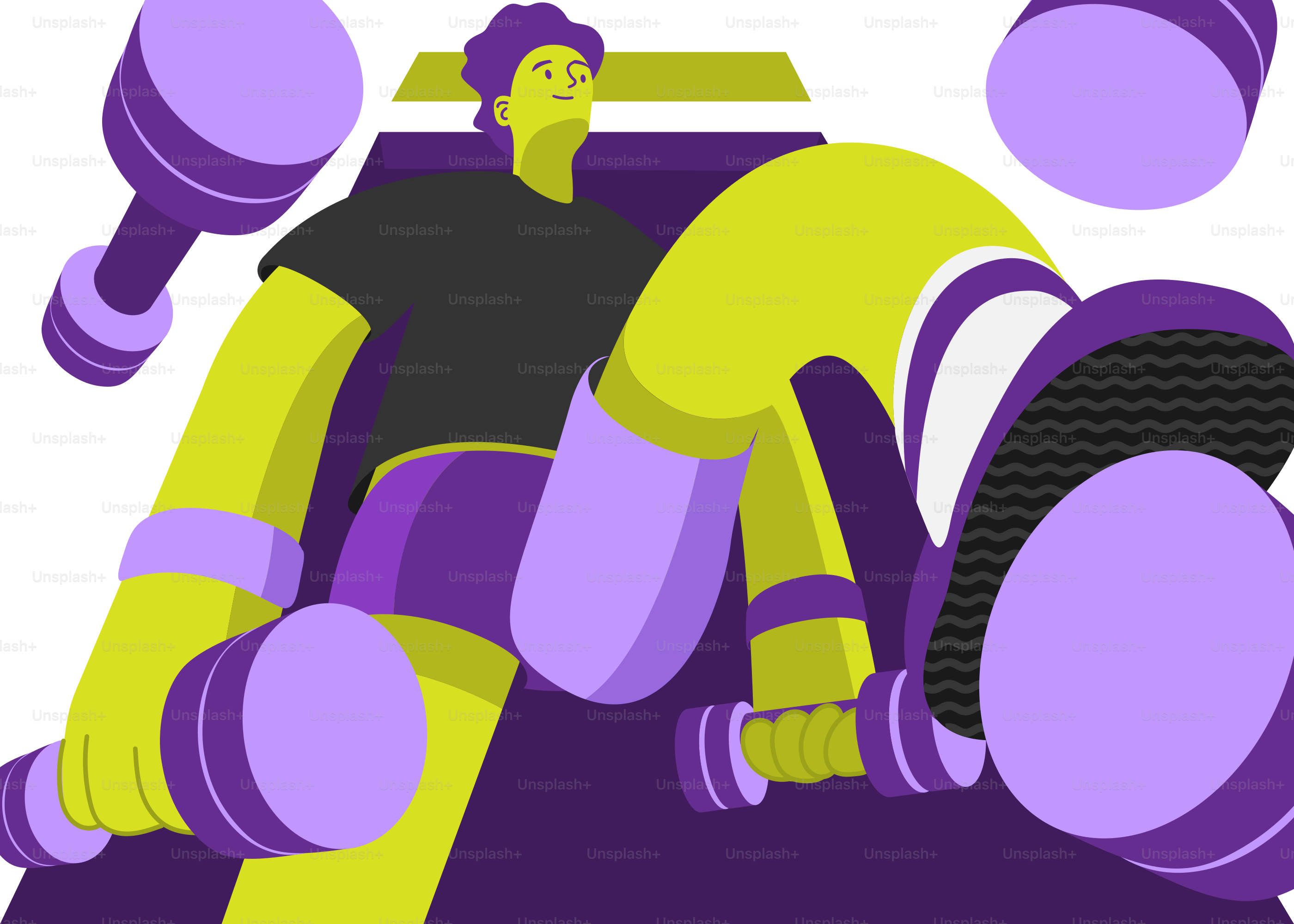 A man in a yellow and purple suit holding a dumbbell