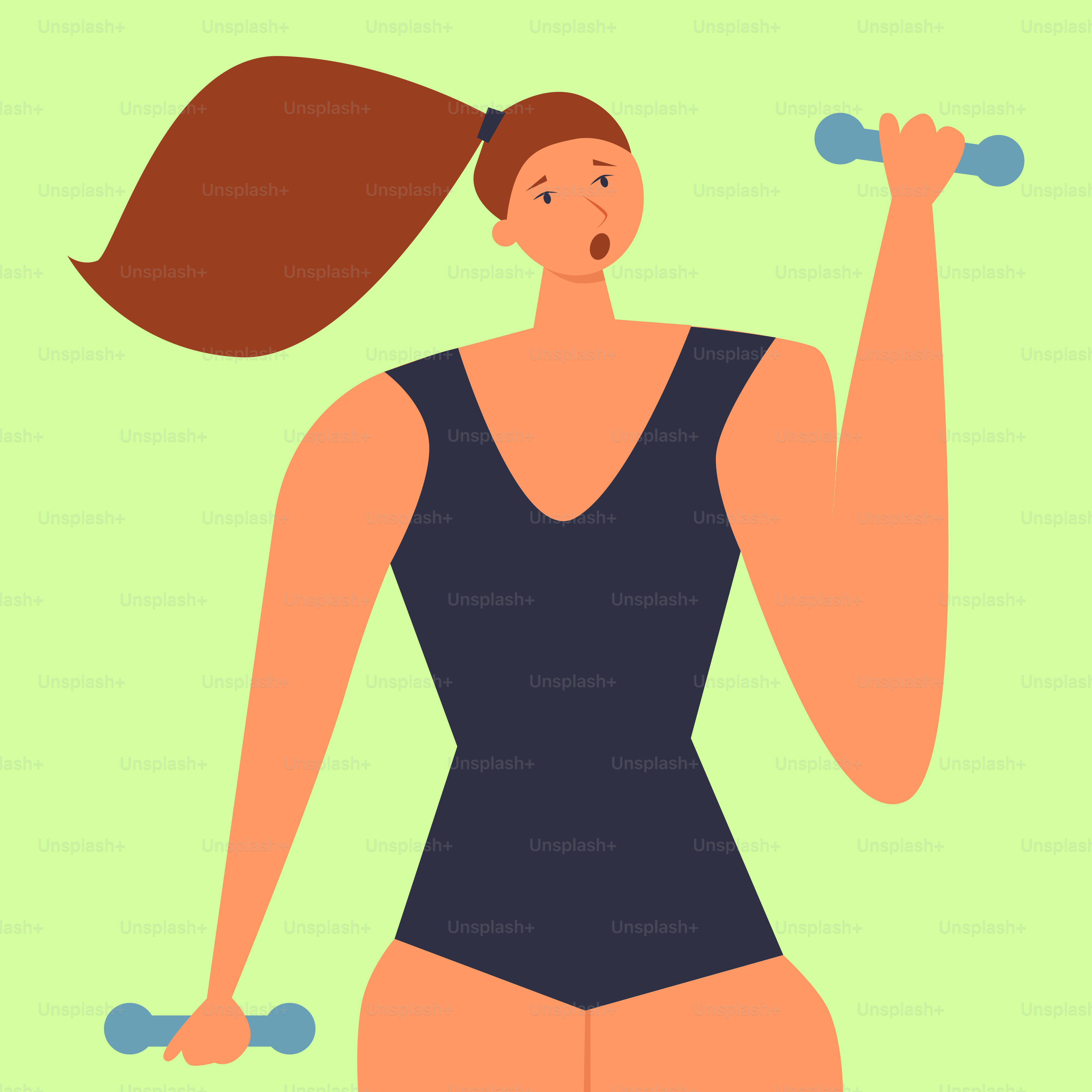 A woman in a swimsuit holding two dumbbells