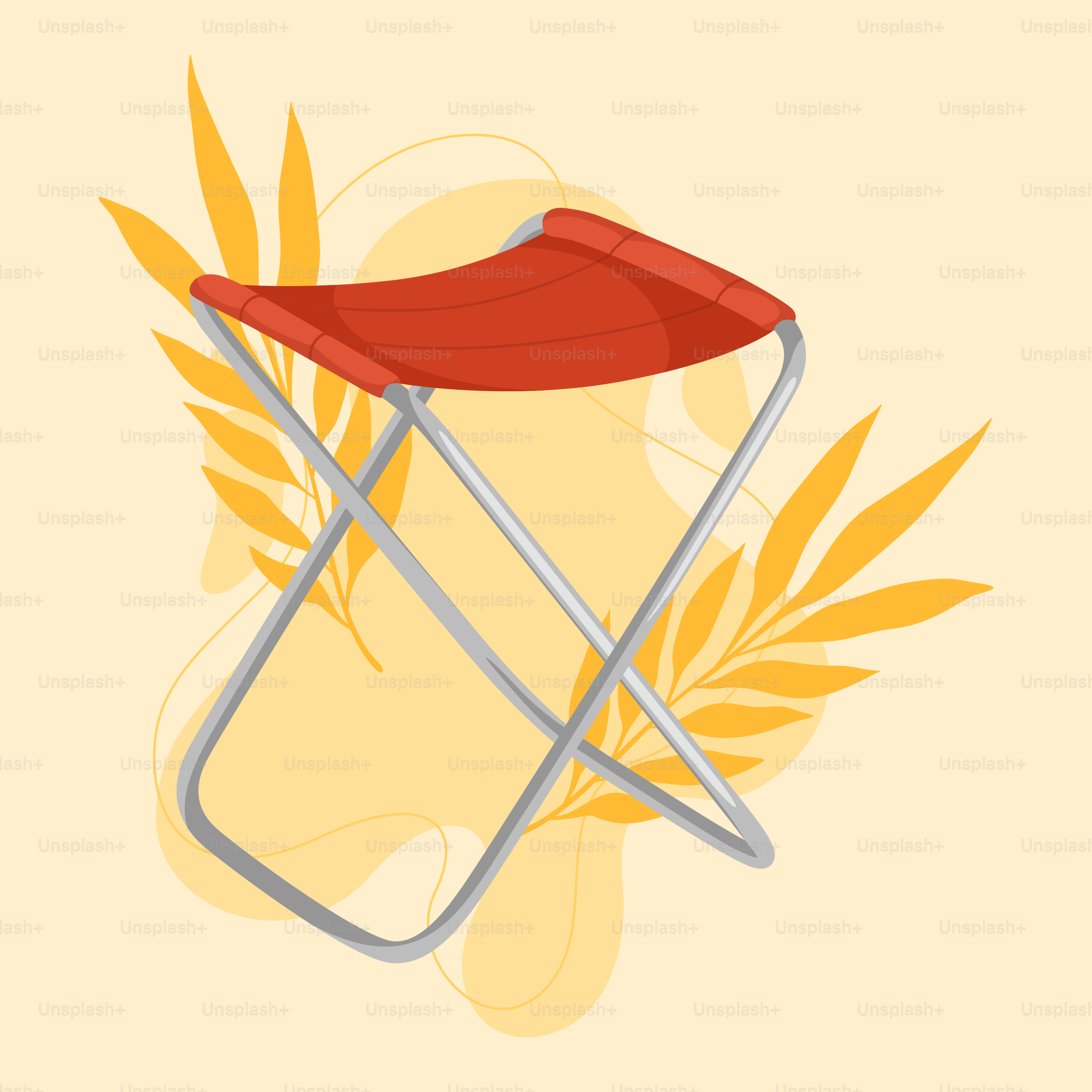 A folding chair with a red seat on a yellow background