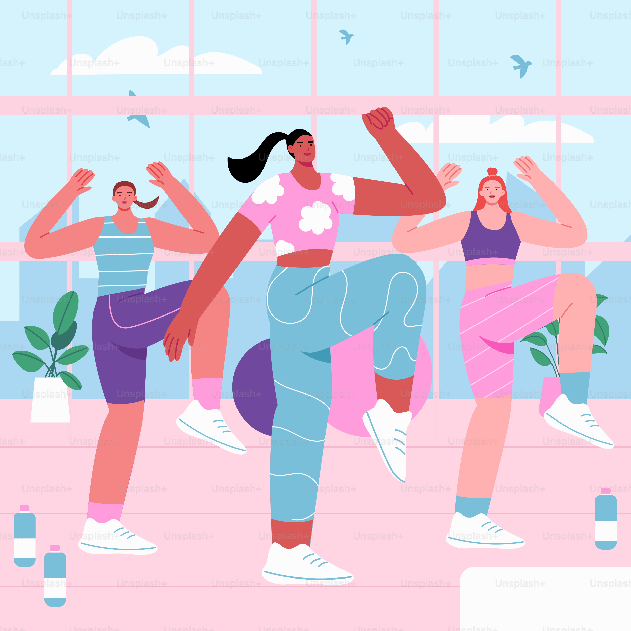 A group of women doing exercises in a gym