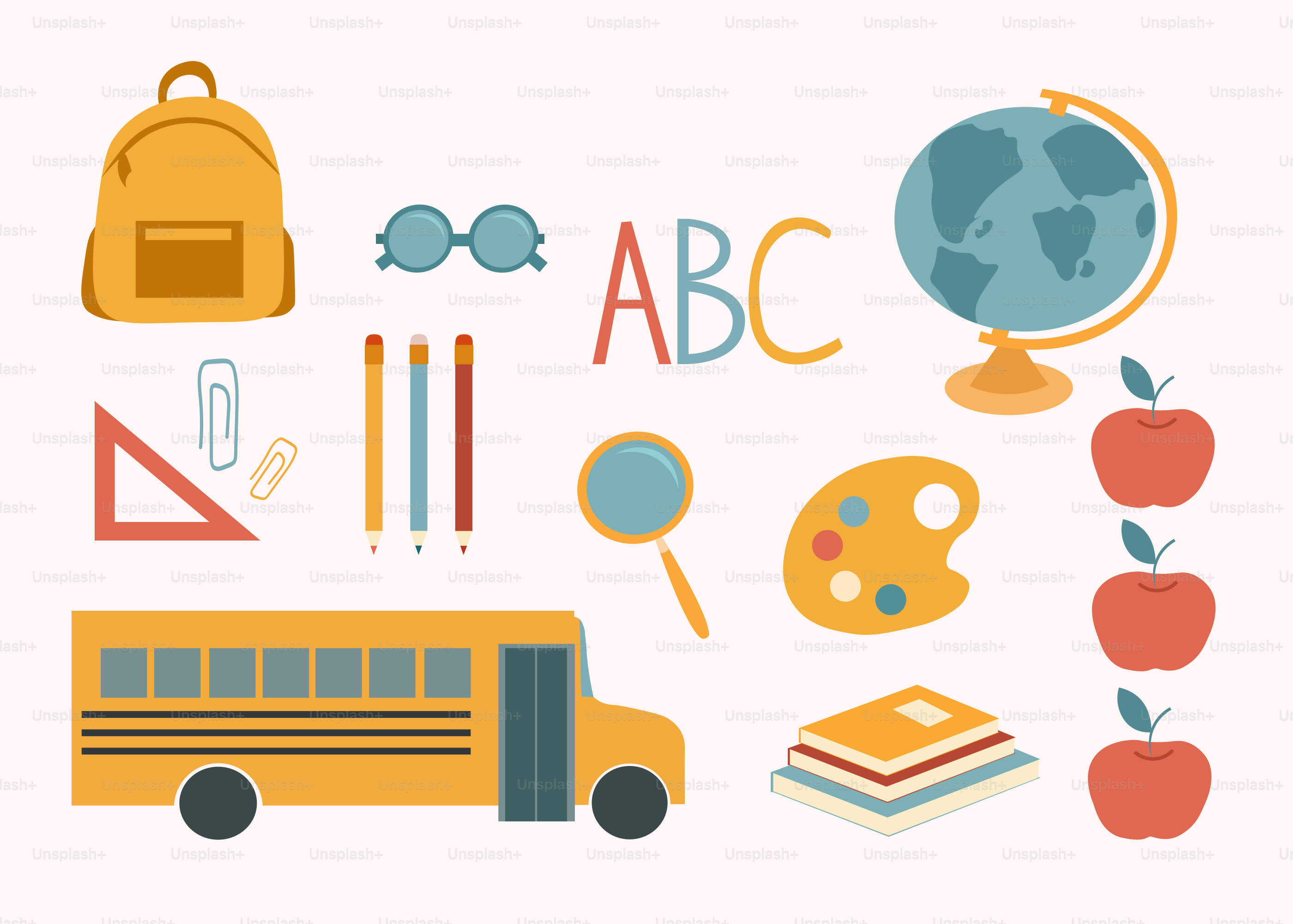 Una foto de un autobús escolar, libros, un globo terráqueo y otros útiles escolares