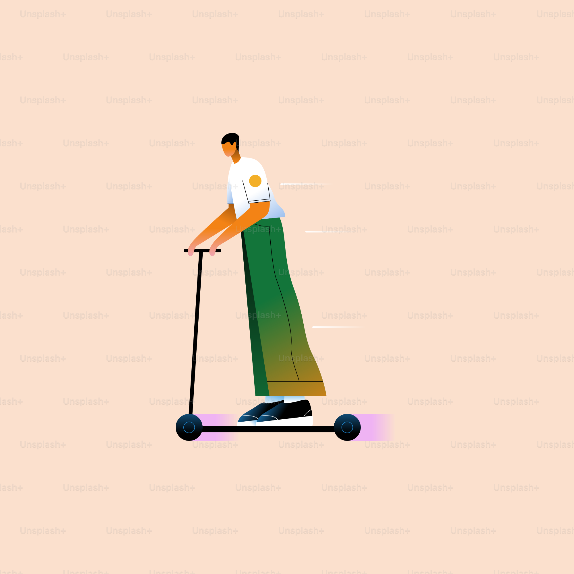 A man riding a scooter on a pink background