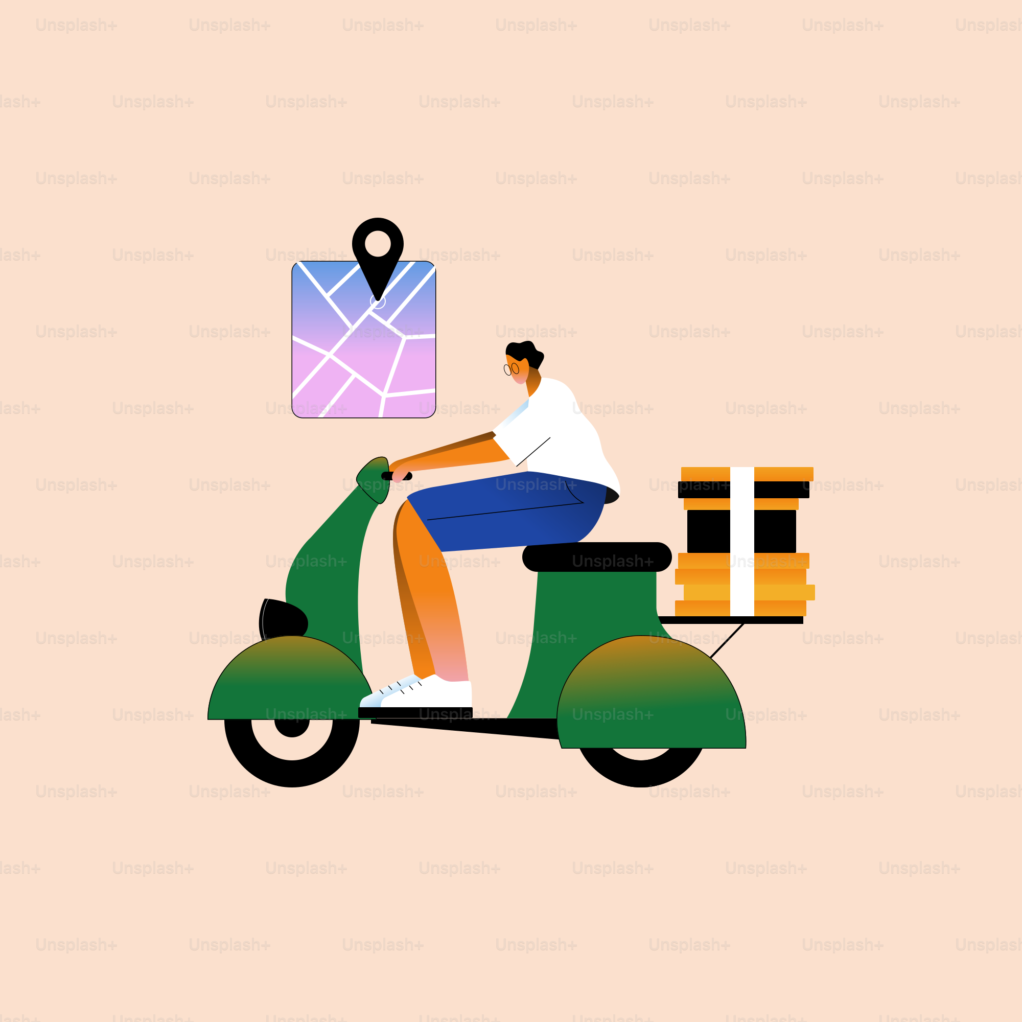 Un uomo in sella a uno scooter con una mappa sul retro