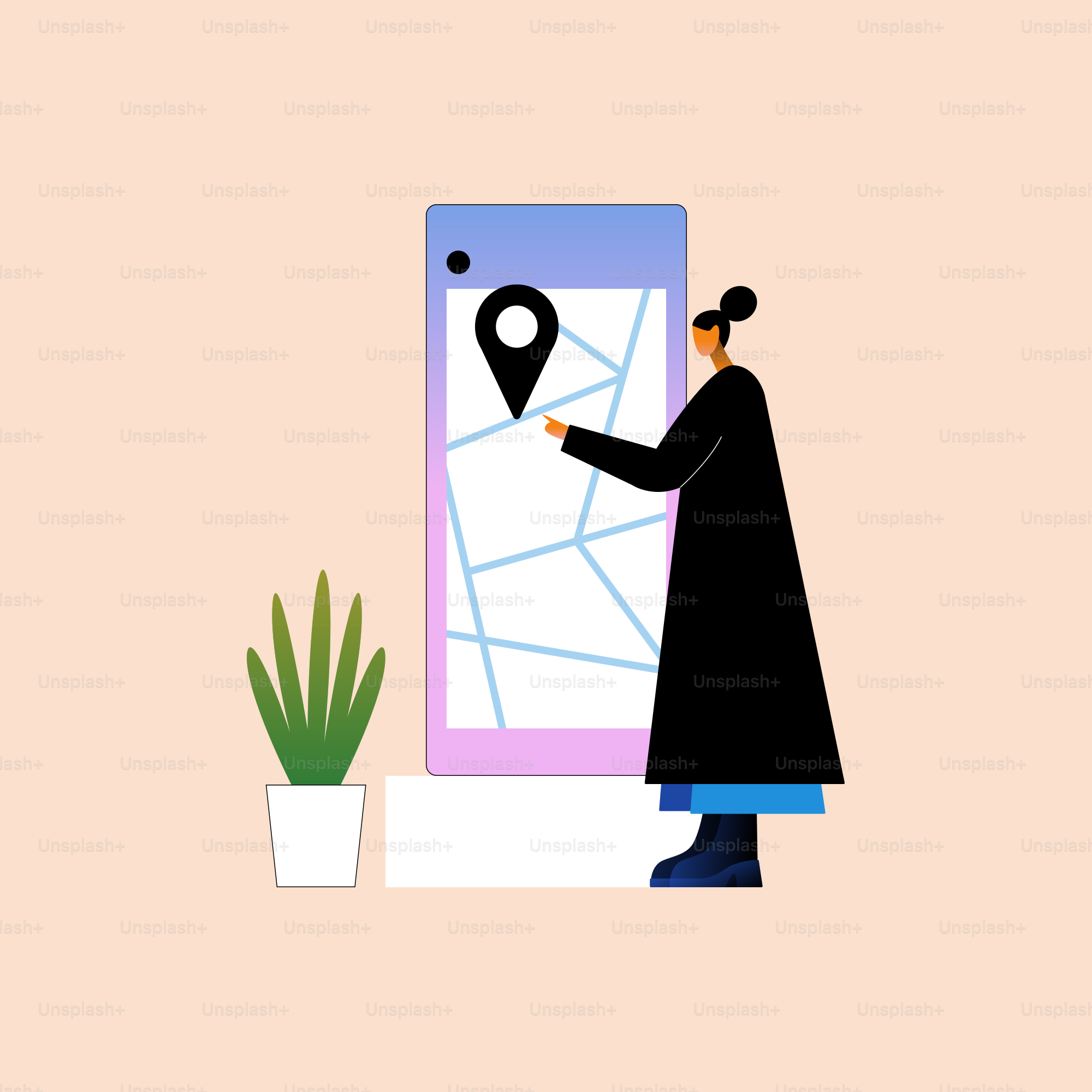 A woman standing in front of a map with a pin on it