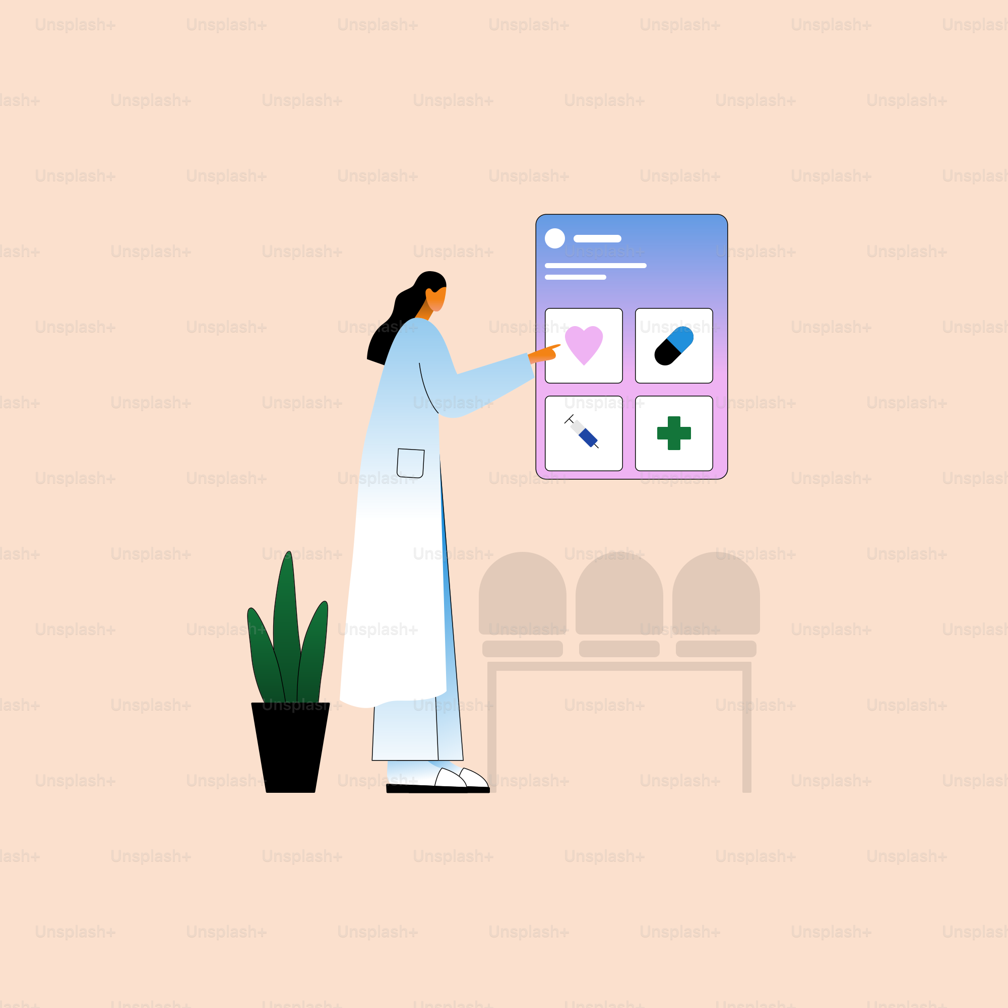 A woman in a lab coat pointing at a screen